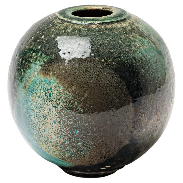 Vase en céramique émaillée bleu/vert et noir de Gisèle Buthod-Garçon, vers 1980-90