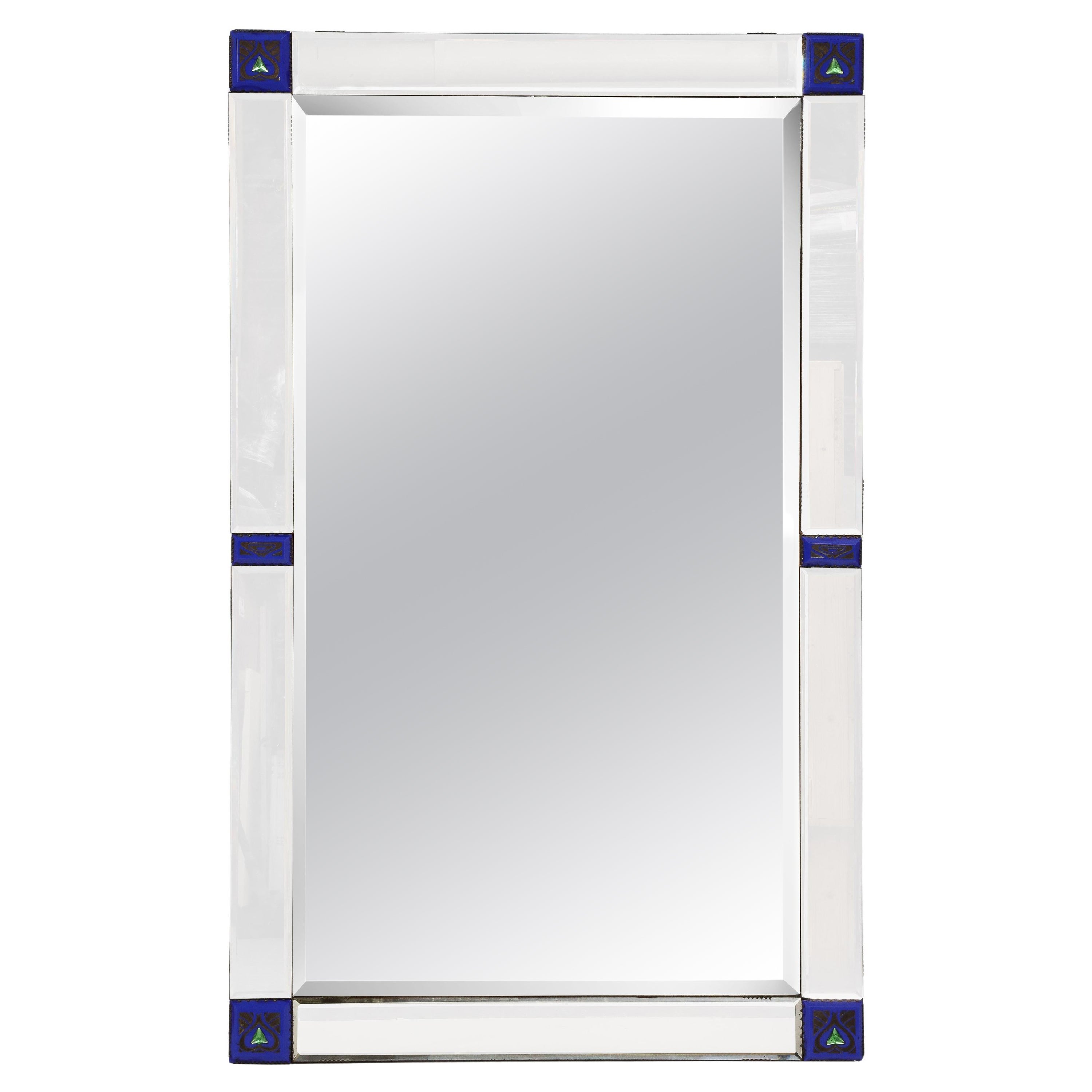 Blue, Green, and Mirrored Glass Geometric Art Nouveau Mirror, Italy, c. 1920s