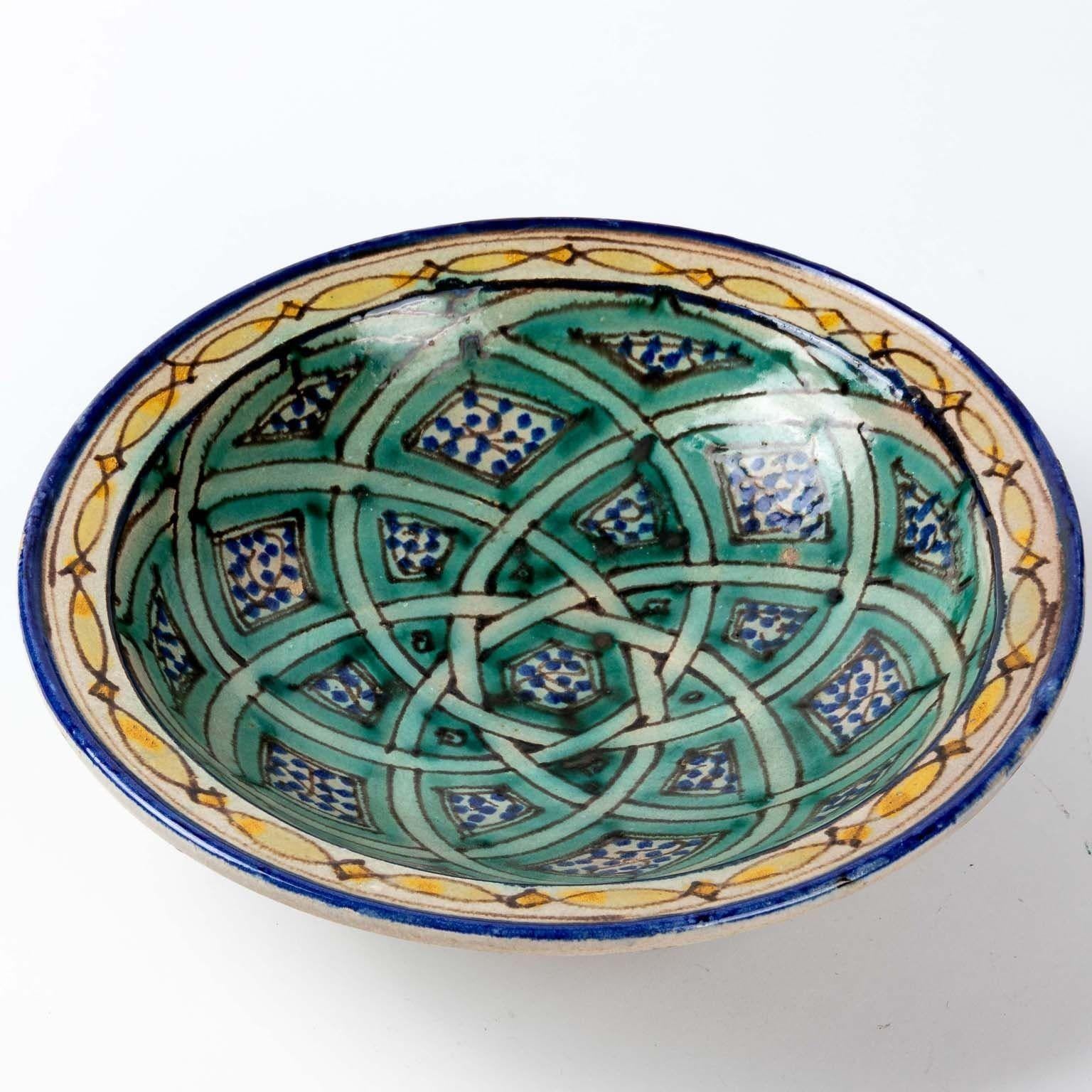 Blue, Green, and Yellow Moroccan Bowl, early 20th Century In Good Condition In South Salem, NY