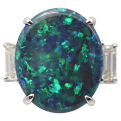 Blue-Green Australian Black Opal Diamond Platinum 3-Stone Ring