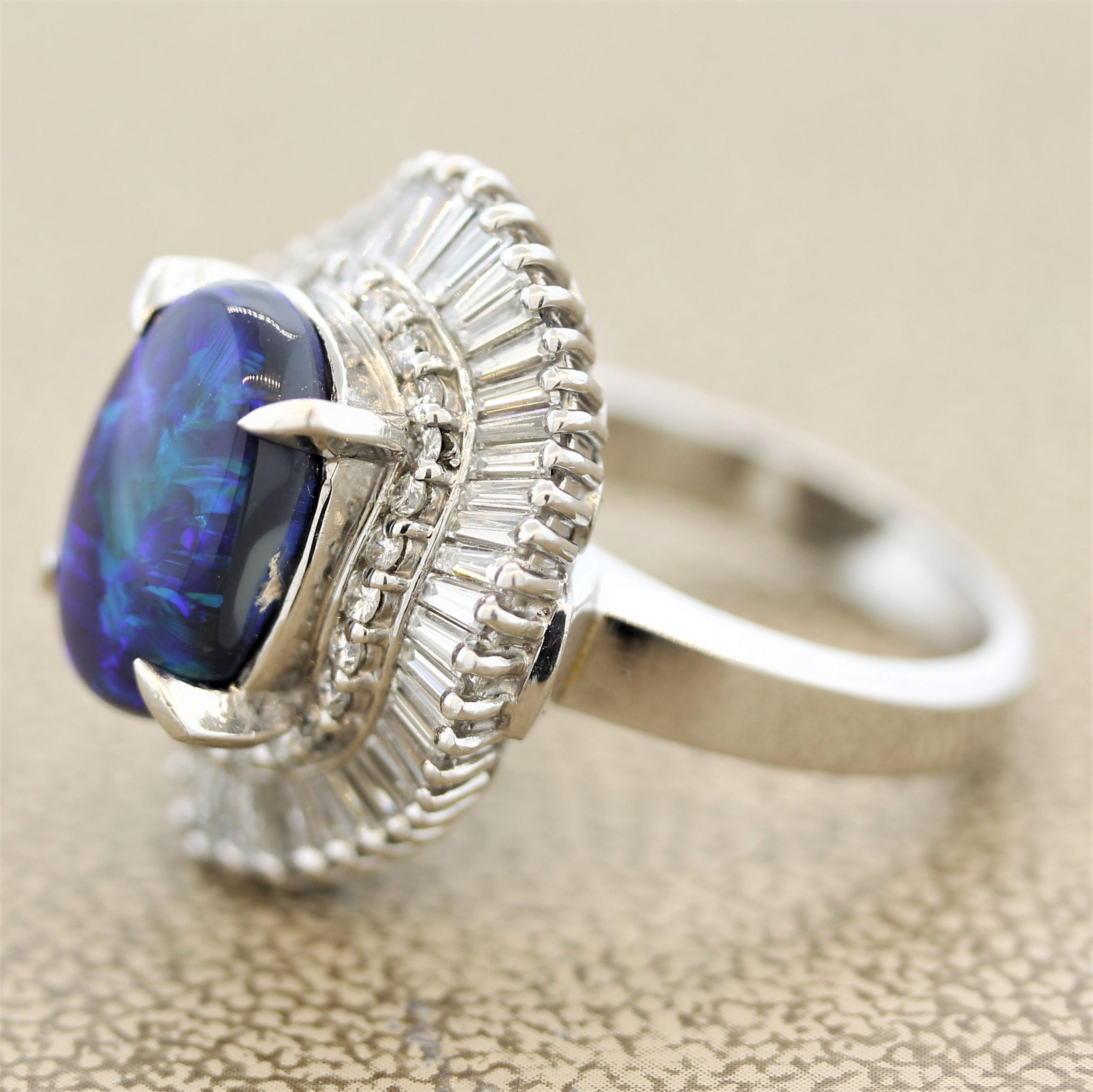 Mixed Cut Blue-Green Australian Black-Opal Diamond Platinum Ring
