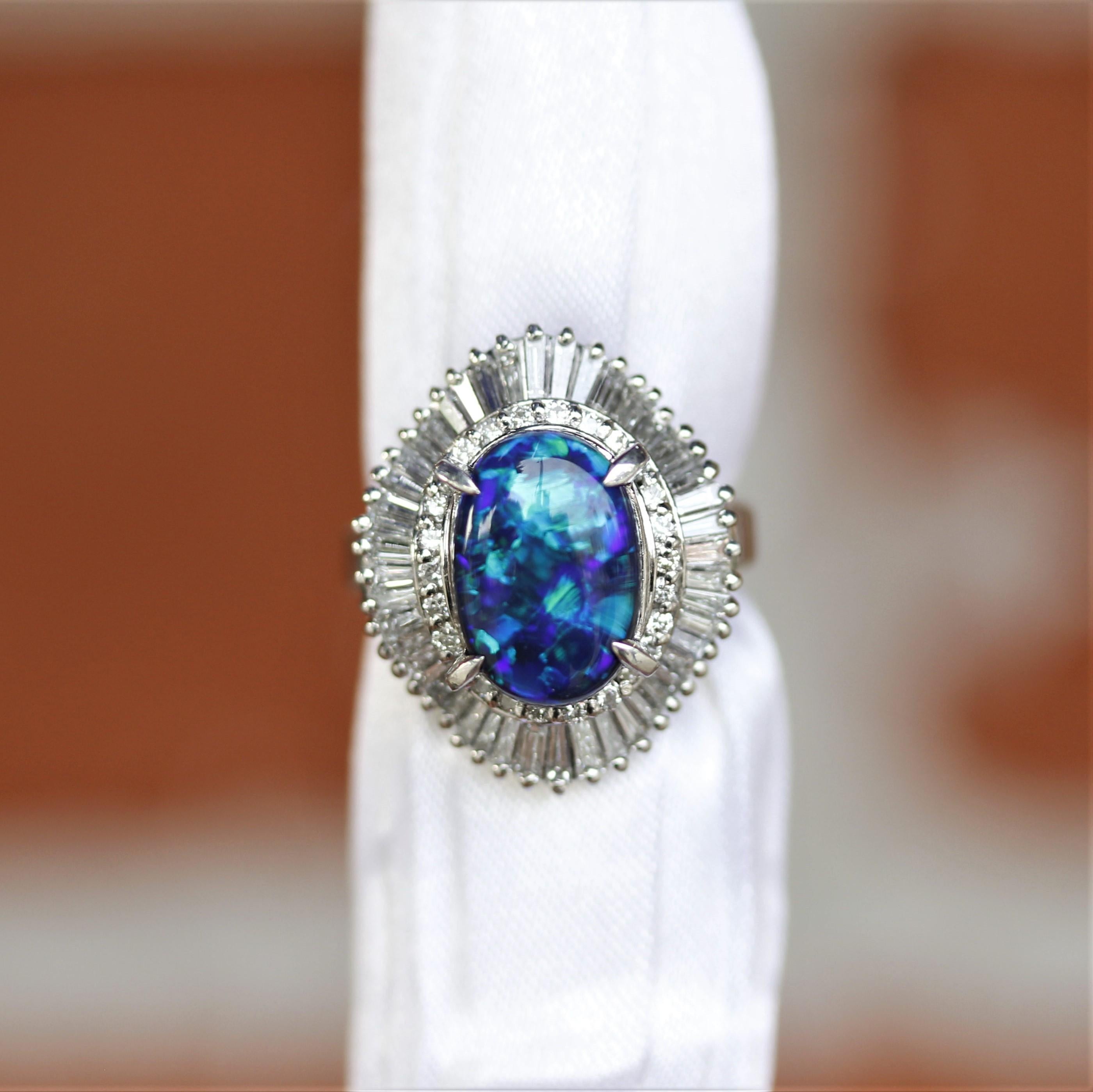 Blue-Green Australian Black-Opal Diamond Platinum Ring 2