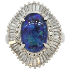 Blue-Green Australian Black-Opal Diamond Platinum Ring