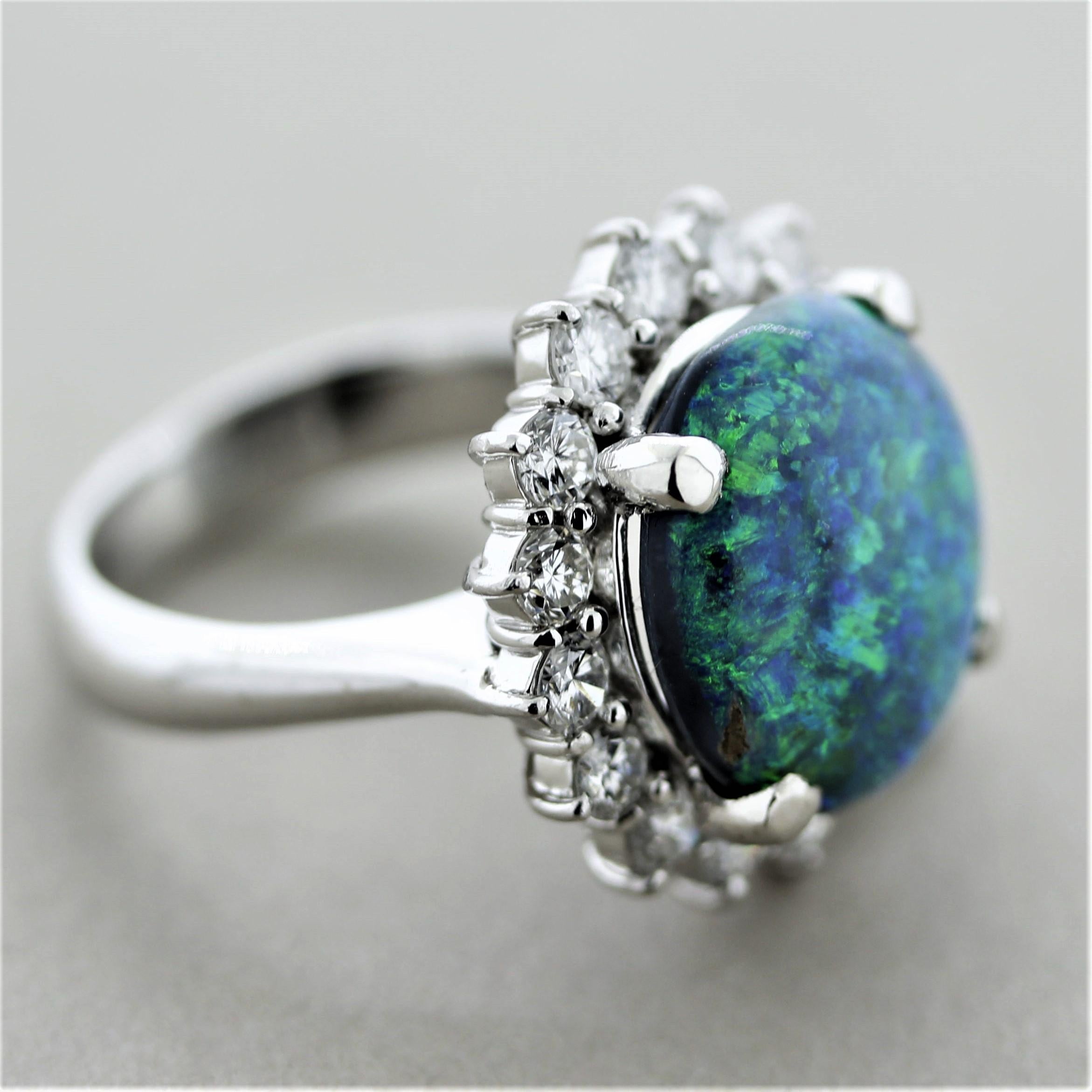 Blue-Green Australian Opal Diamond Halo Platinum Ring For Sale 4
