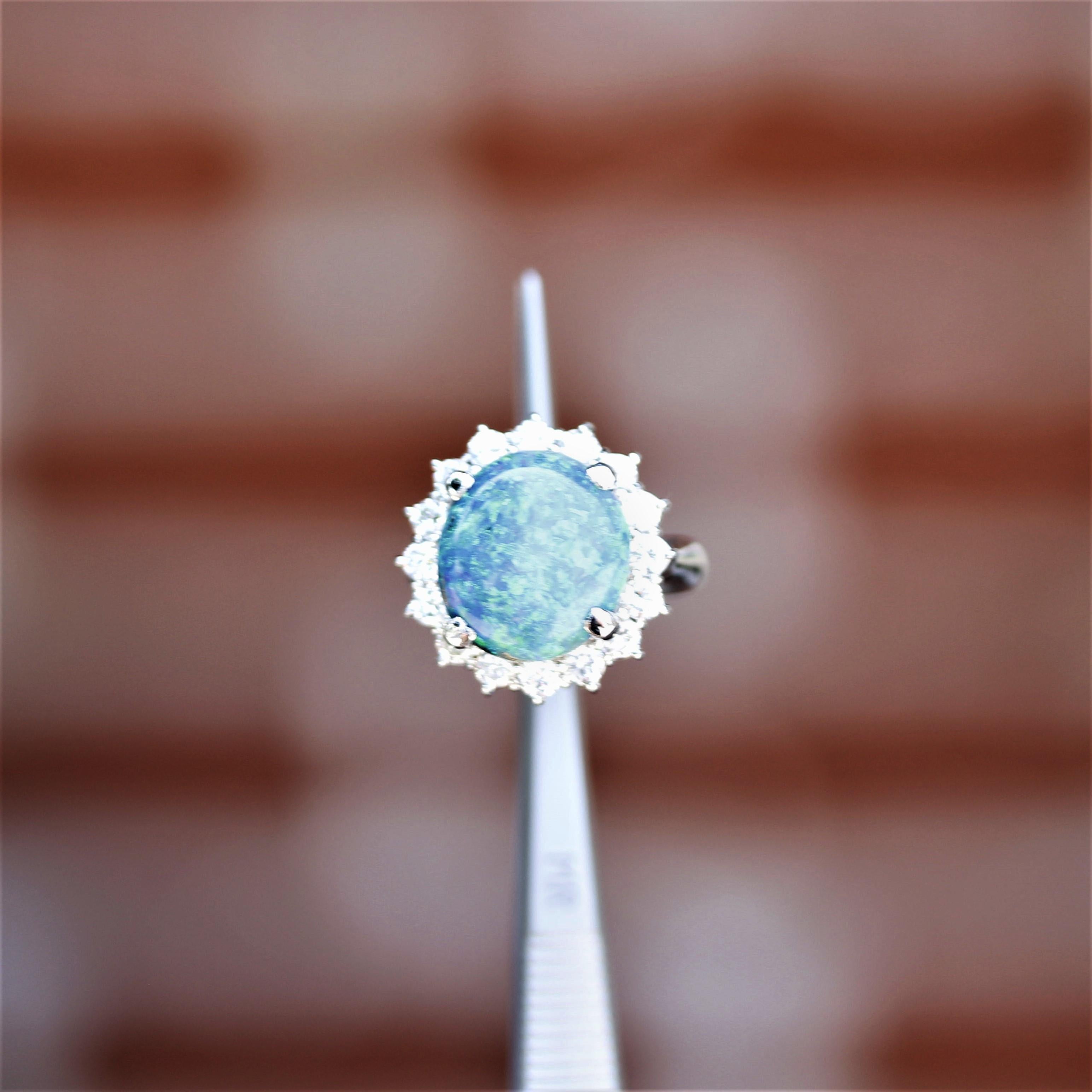 Blue-Green Australian Opal Diamond Halo Platinum Ring For Sale 5