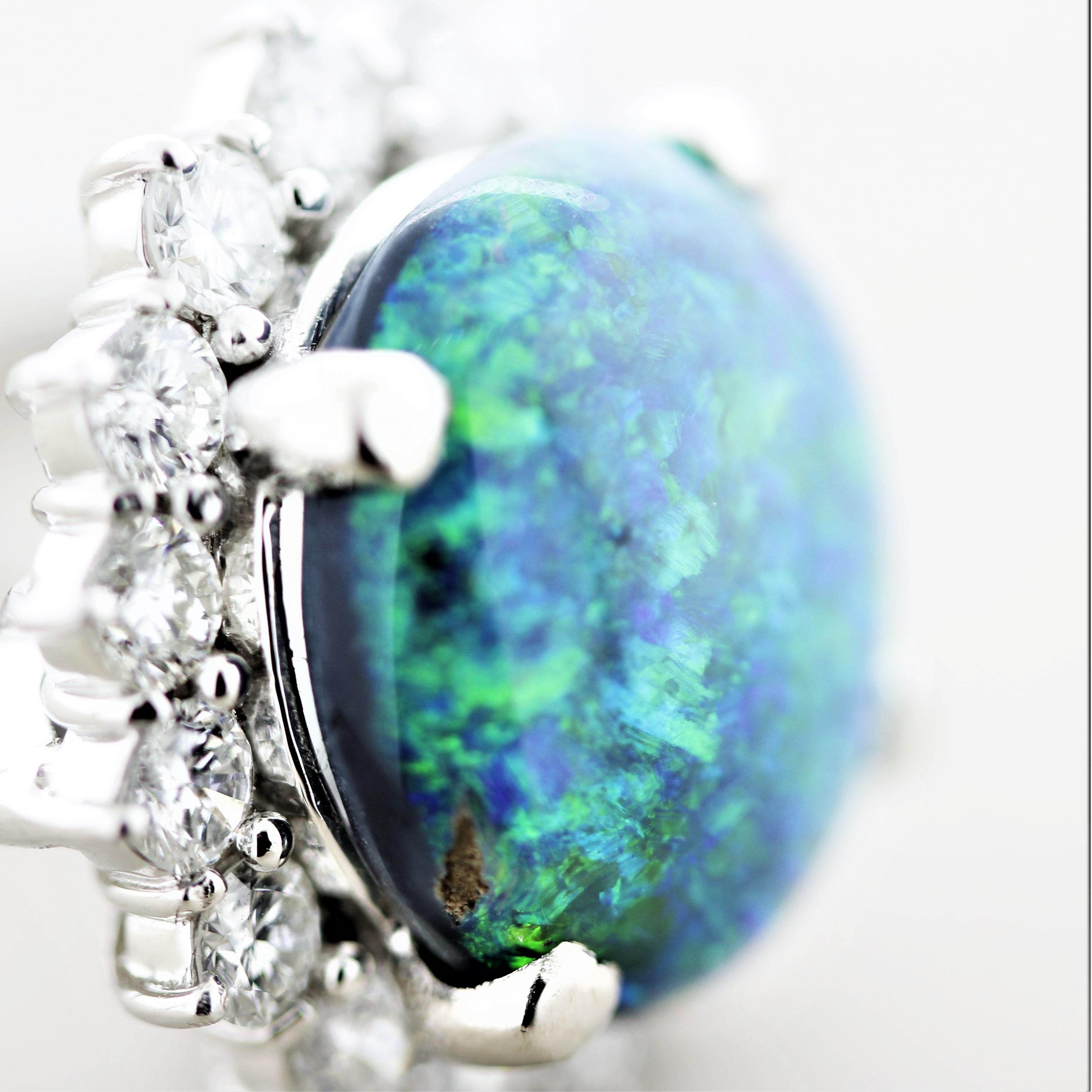 Mixed Cut Blue-Green Australian Opal Diamond Halo Platinum Ring For Sale