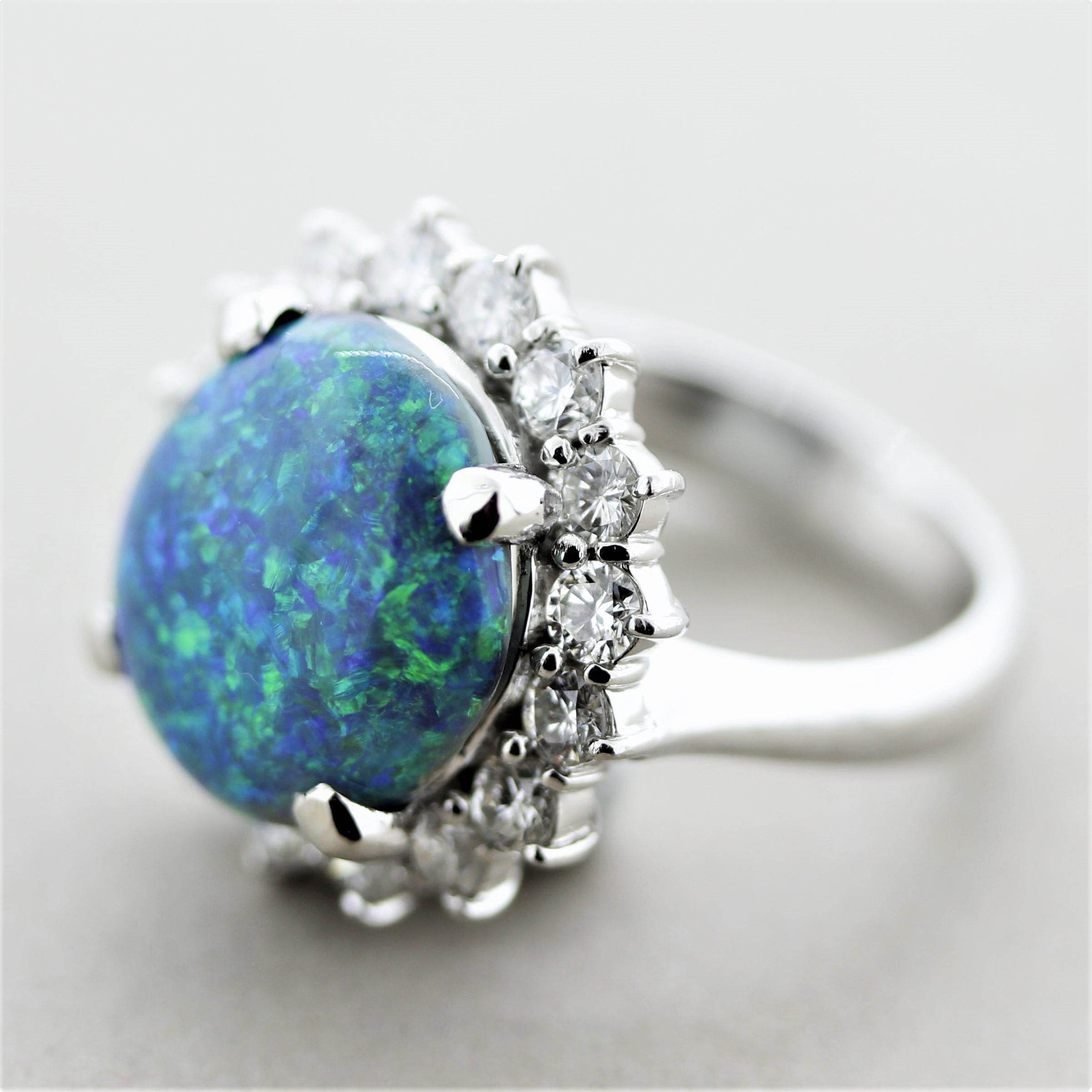 Blue-Green Australian Opal Diamond Halo Platinum Ring In New Condition For Sale In Beverly Hills, CA