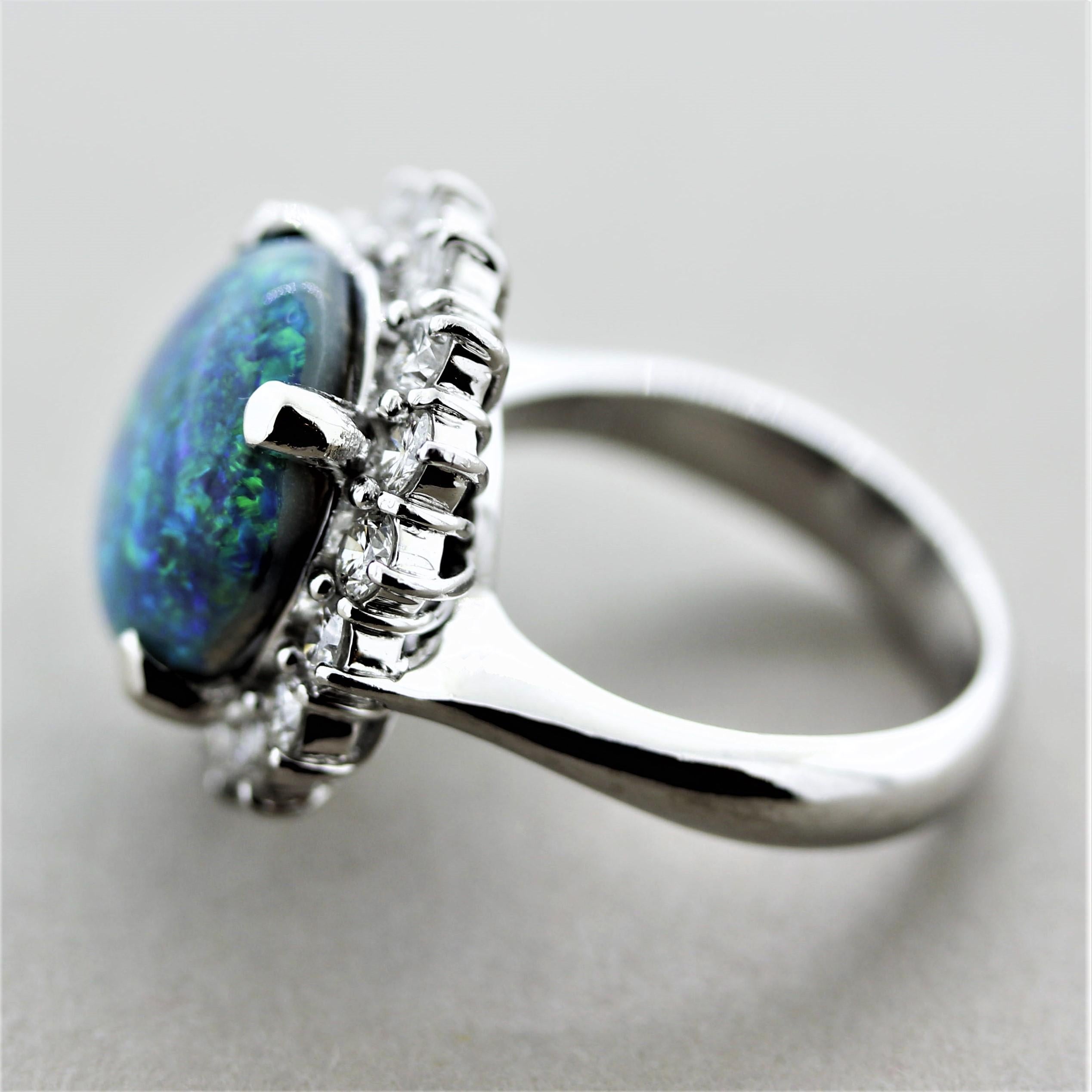 Women's Blue-Green Australian Opal Diamond Halo Platinum Ring For Sale