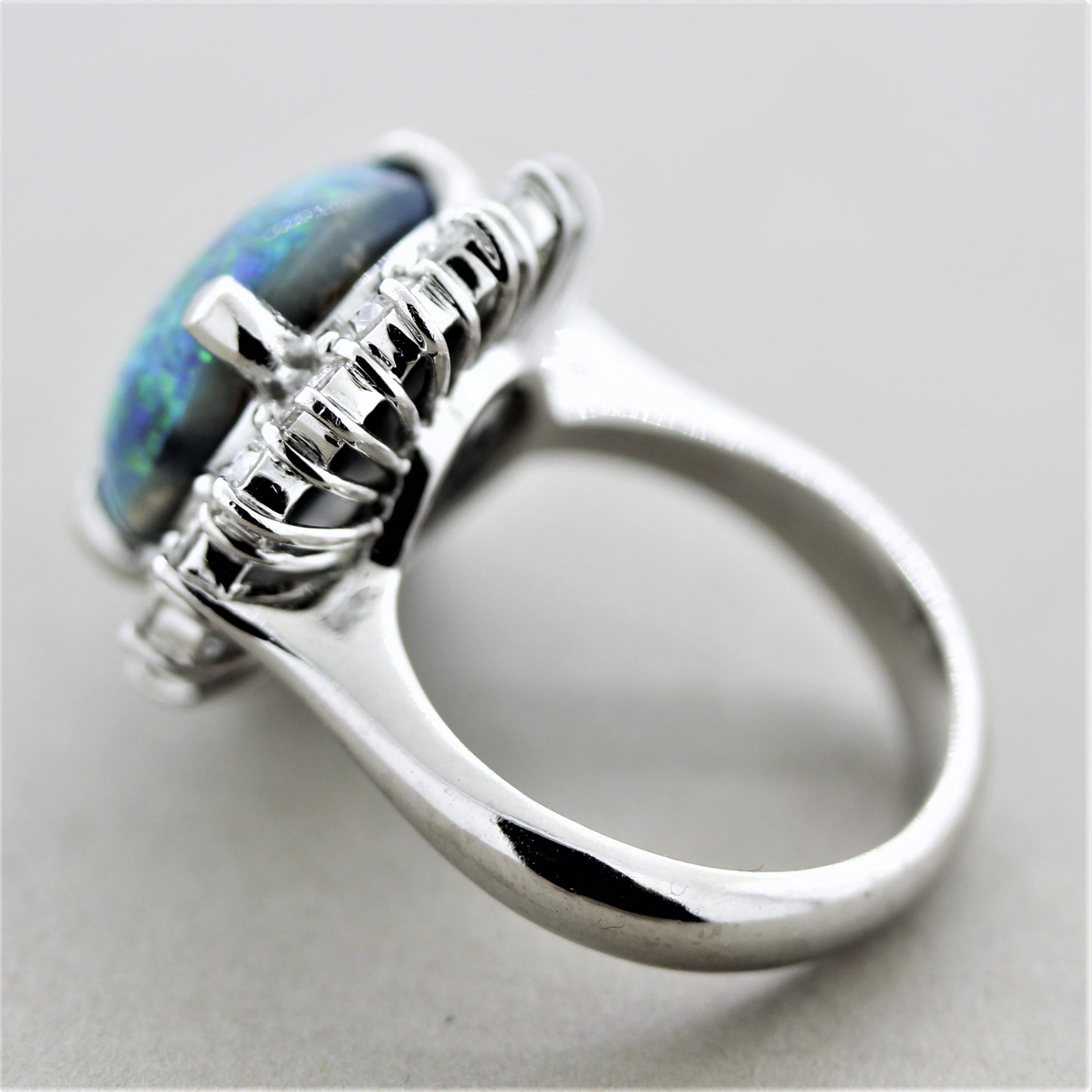 Blue-Green Australian Opal Diamond Halo Platinum Ring For Sale 1