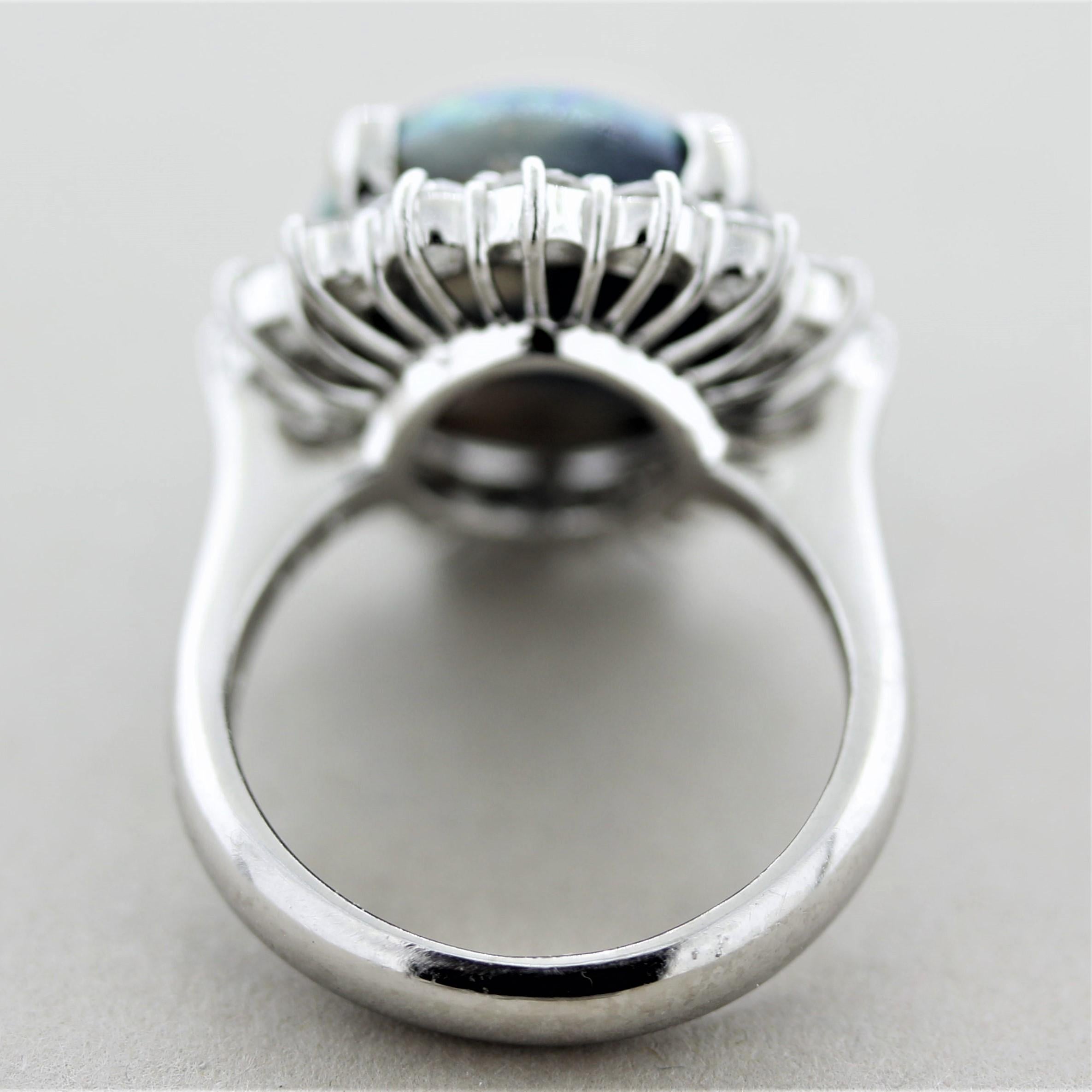 Blue-Green Australian Opal Diamond Halo Platinum Ring For Sale 2