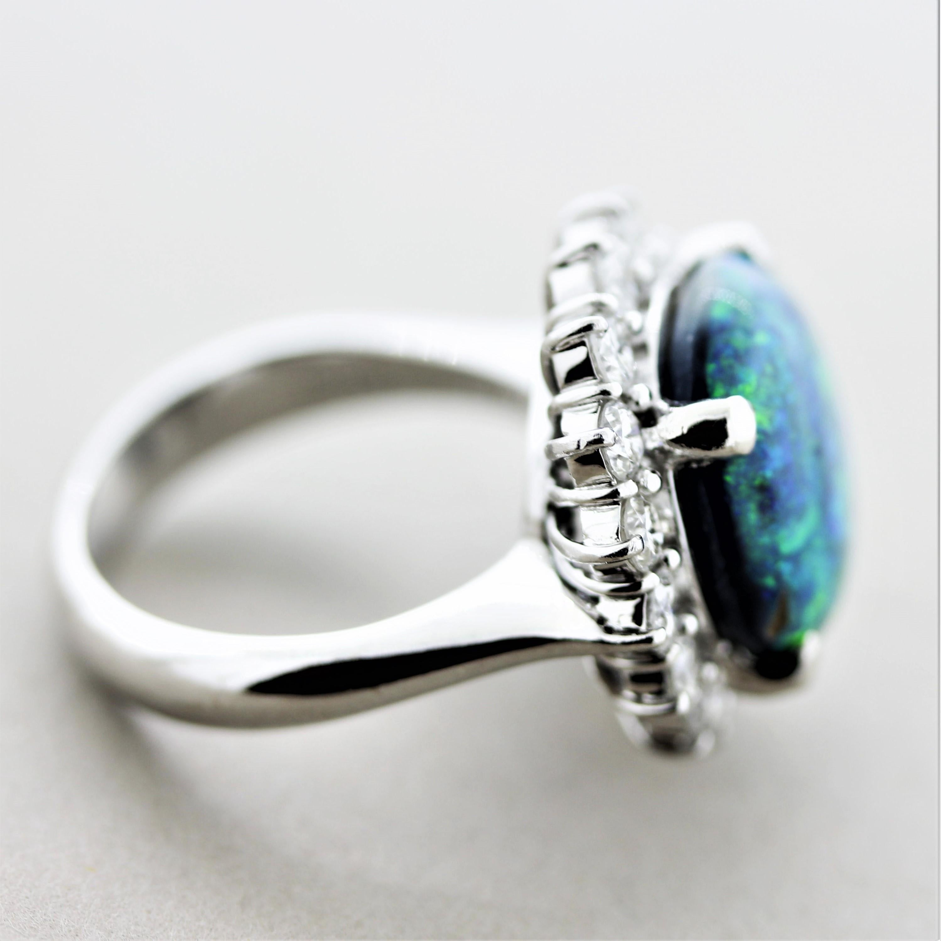 Blue-Green Australian Opal Diamond Halo Platinum Ring For Sale 3
