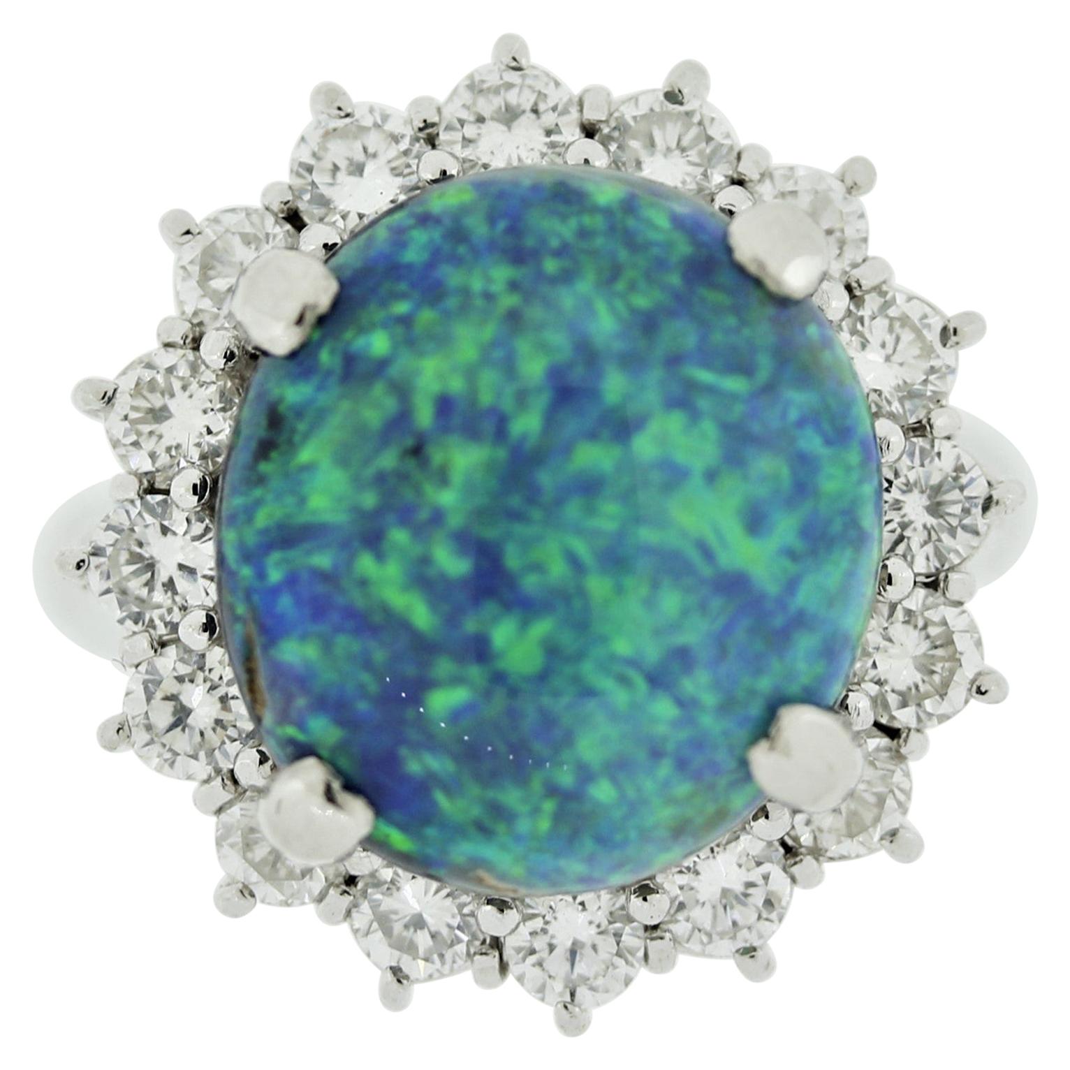 Blue-Green Australian Opal Diamond Halo Platinum Ring