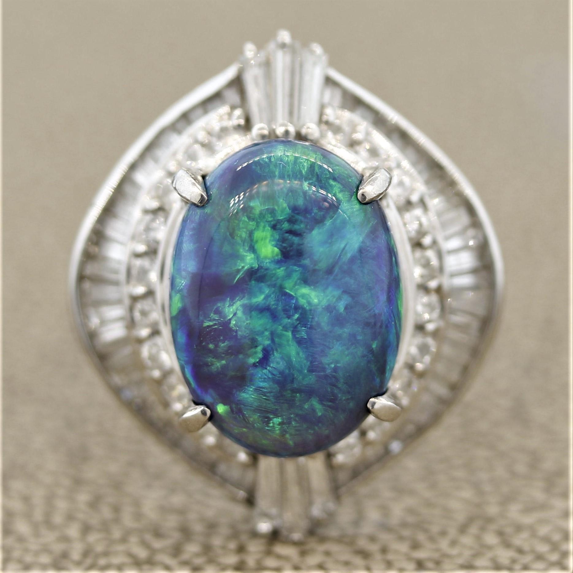 Anillo de Platino con Diamante y Ópalo Australiano Azul-Verde Cabujón en venta