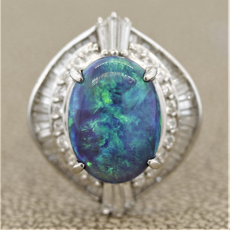 BlueGreen Australian Opal Diamond Platinum Ring For Sale at 1stDibs