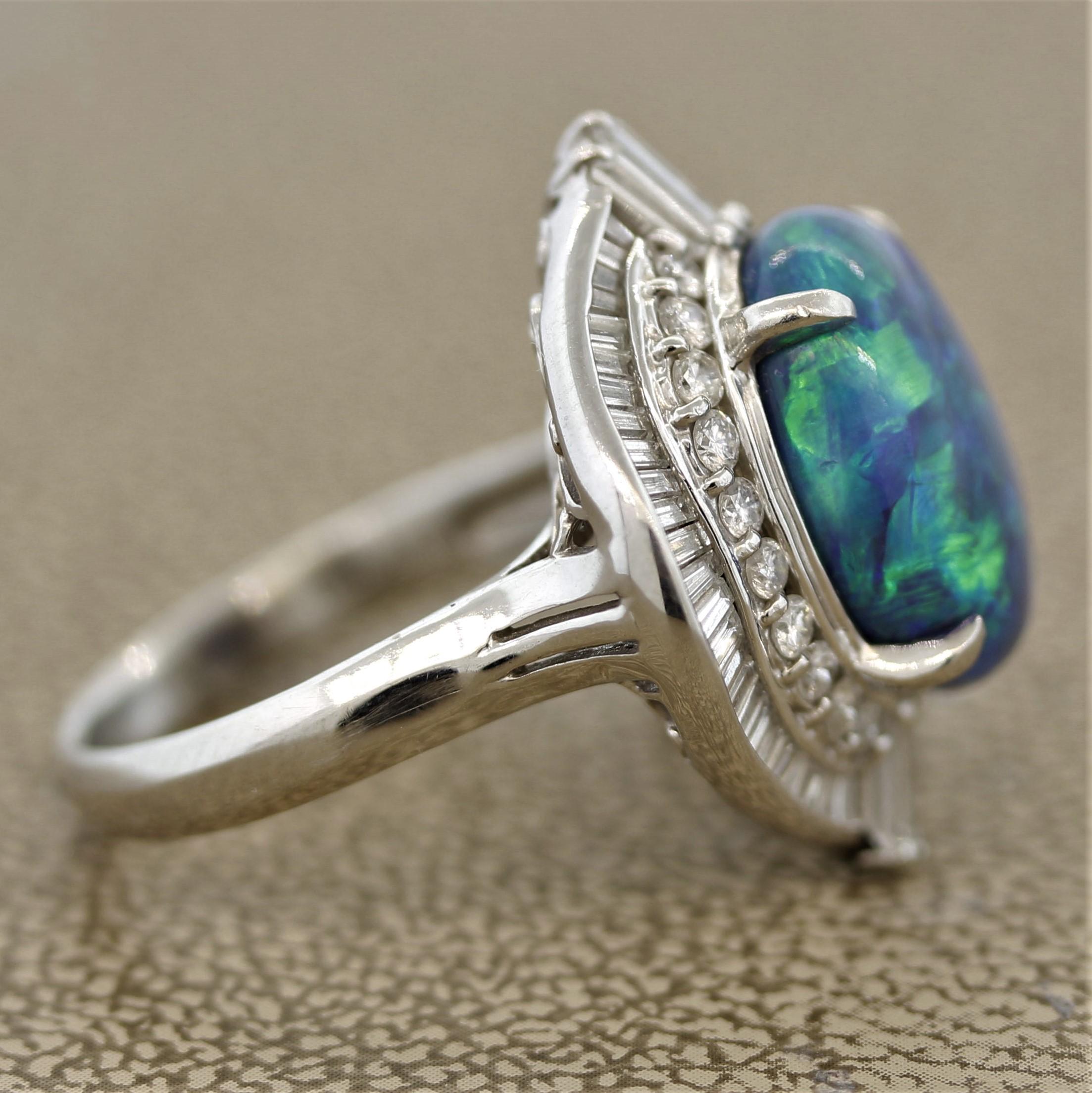 Cabochon Blue-Green Australian Opal Diamond Platinum Ring For Sale