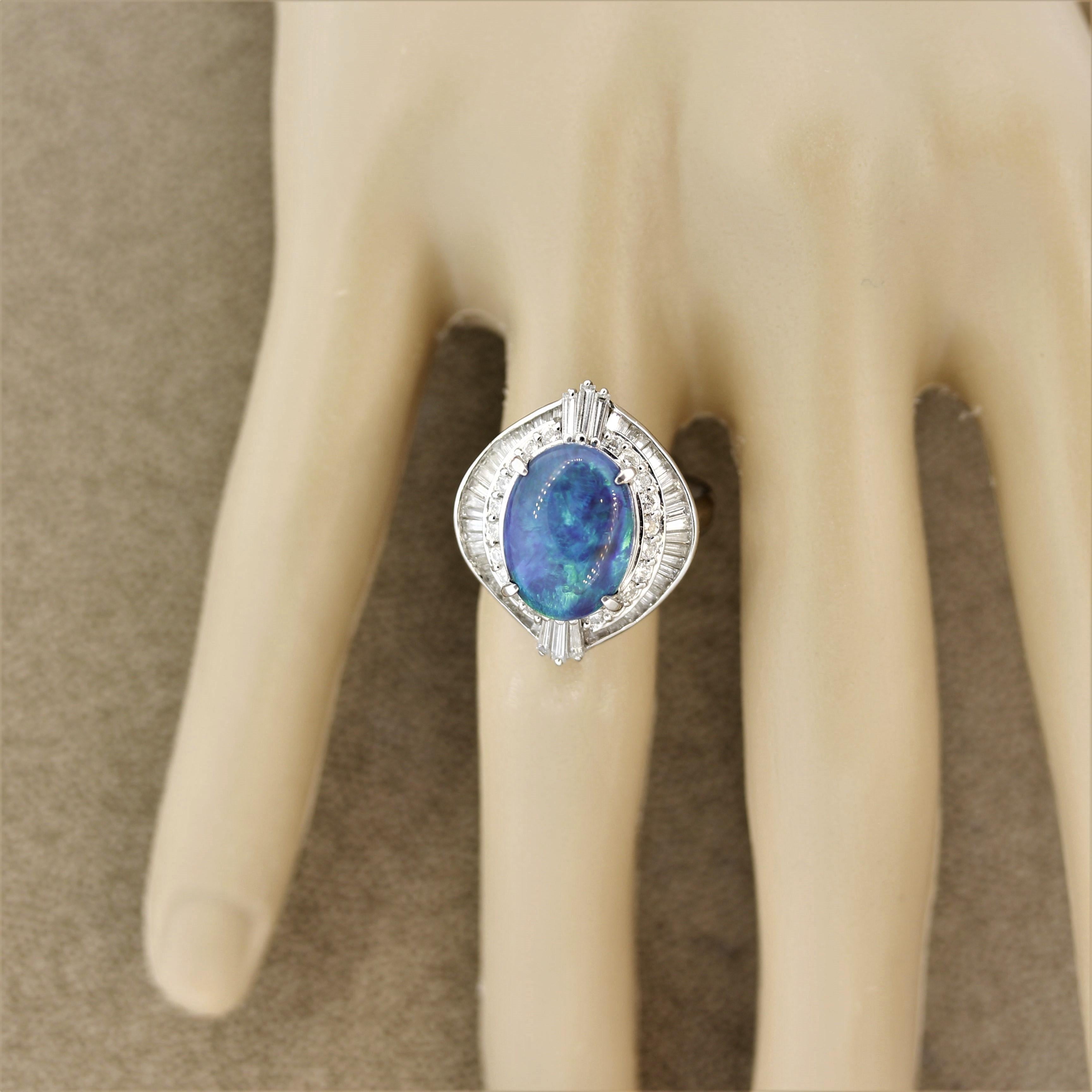 Blue-Green Australian Opal Diamond Platinum Ring In New Condition For Sale In Beverly Hills, CA