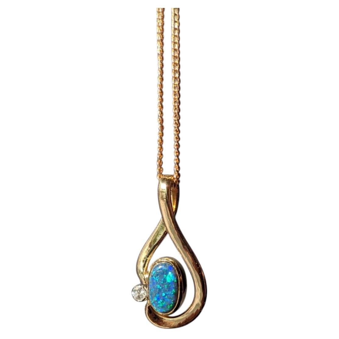 Blue Green Australian Solid Black Opal Diamond 18k Gold Oval Pendant Charm