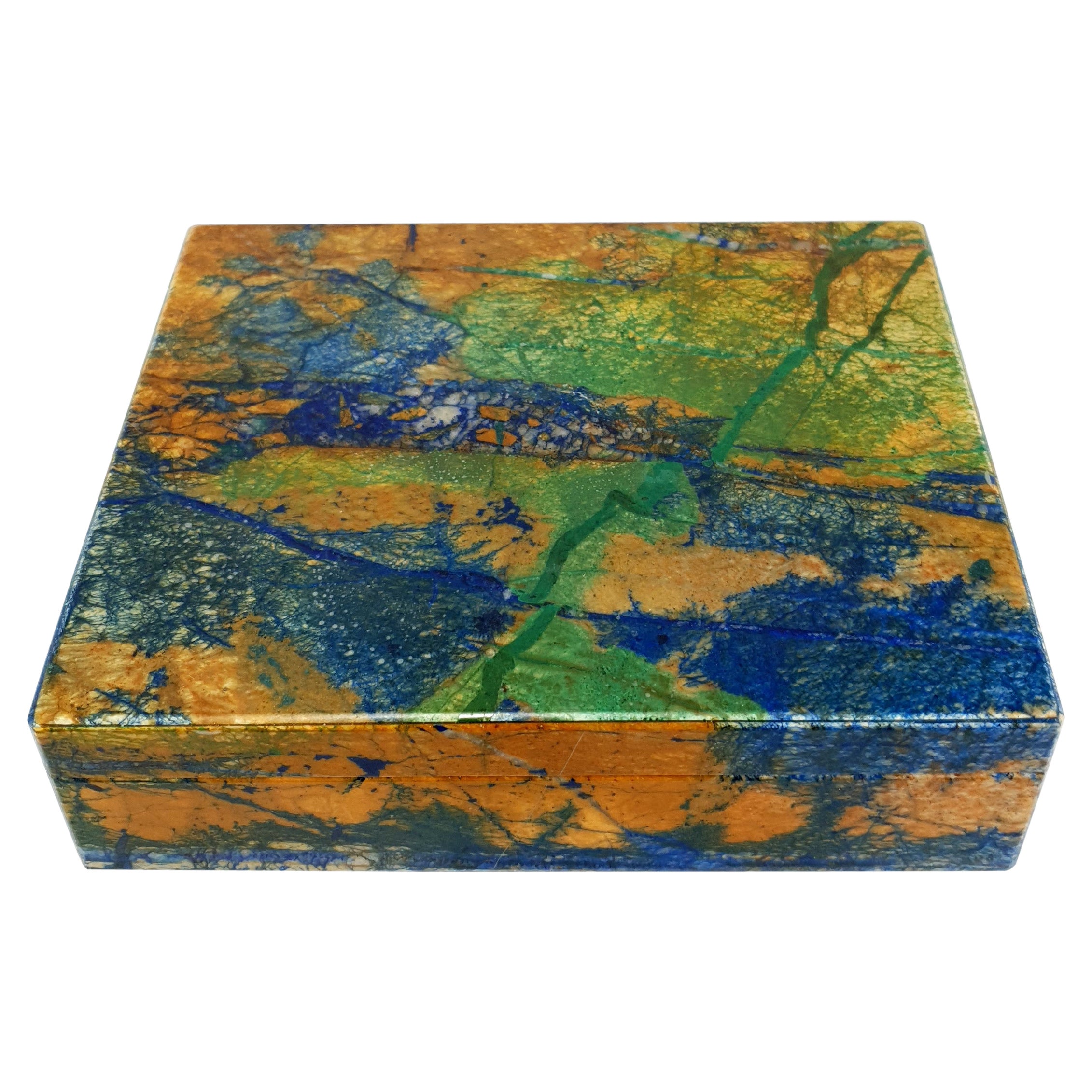 Boîte à bijoux décorative en azurite bleue, verte et malachite avec marbre noir