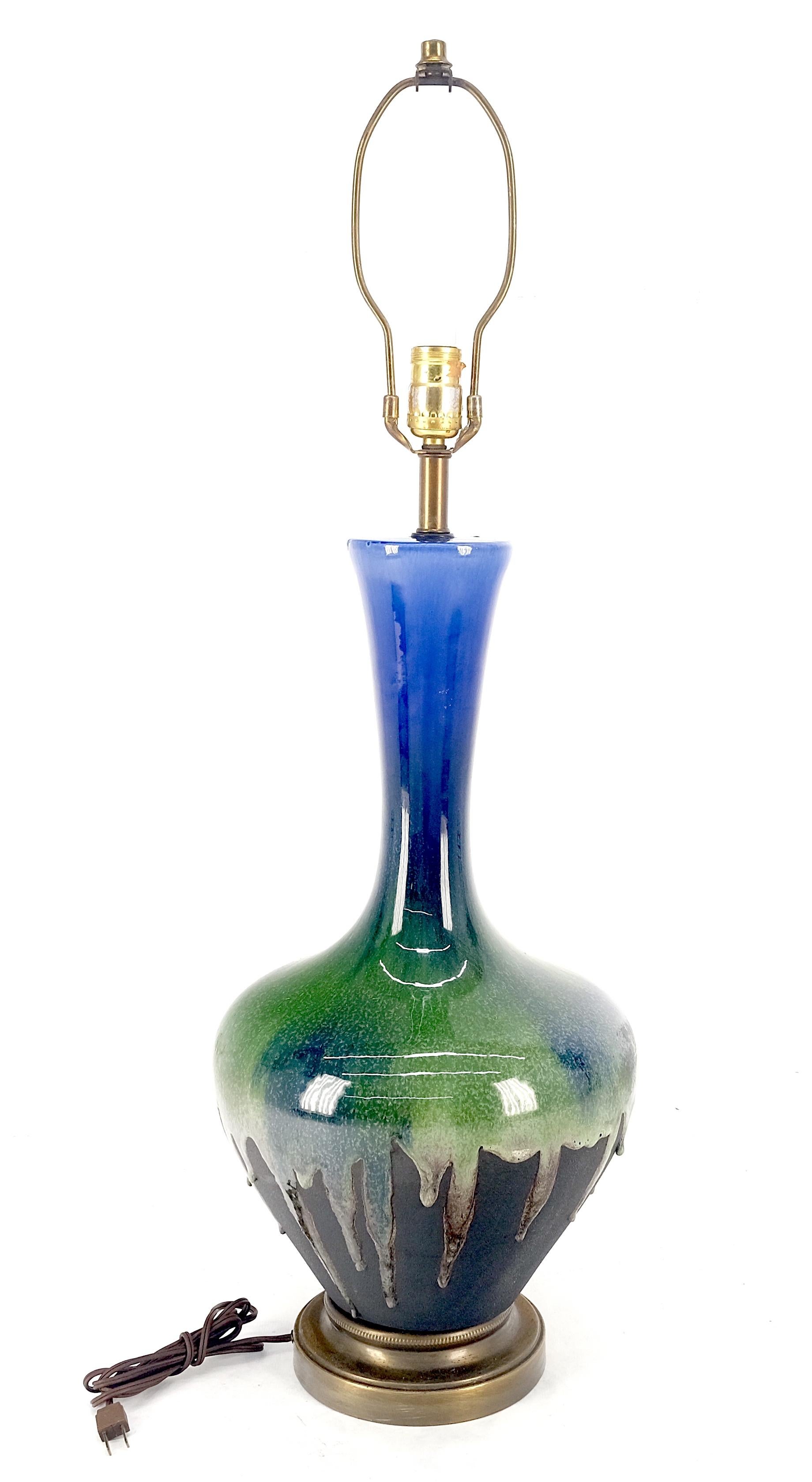 Glazed Blue Green Black Drip Glaze Italian Pottery Ceramic Onion Shape Table Lamp MINT! For Sale