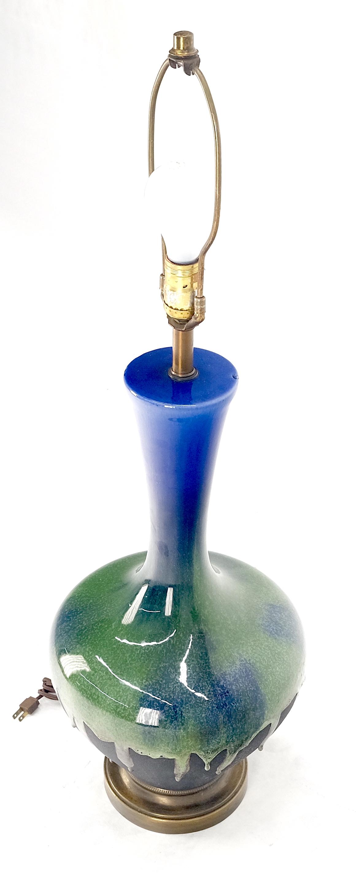 Brass Blue Green Black Drip Glaze Italian Pottery Ceramic Onion Shape Table Lamp MINT! For Sale