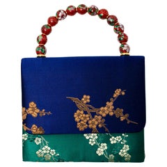 Blue 
Green Blossom Silk Handbag With Cloisonné Beaded Handle circa 1960s