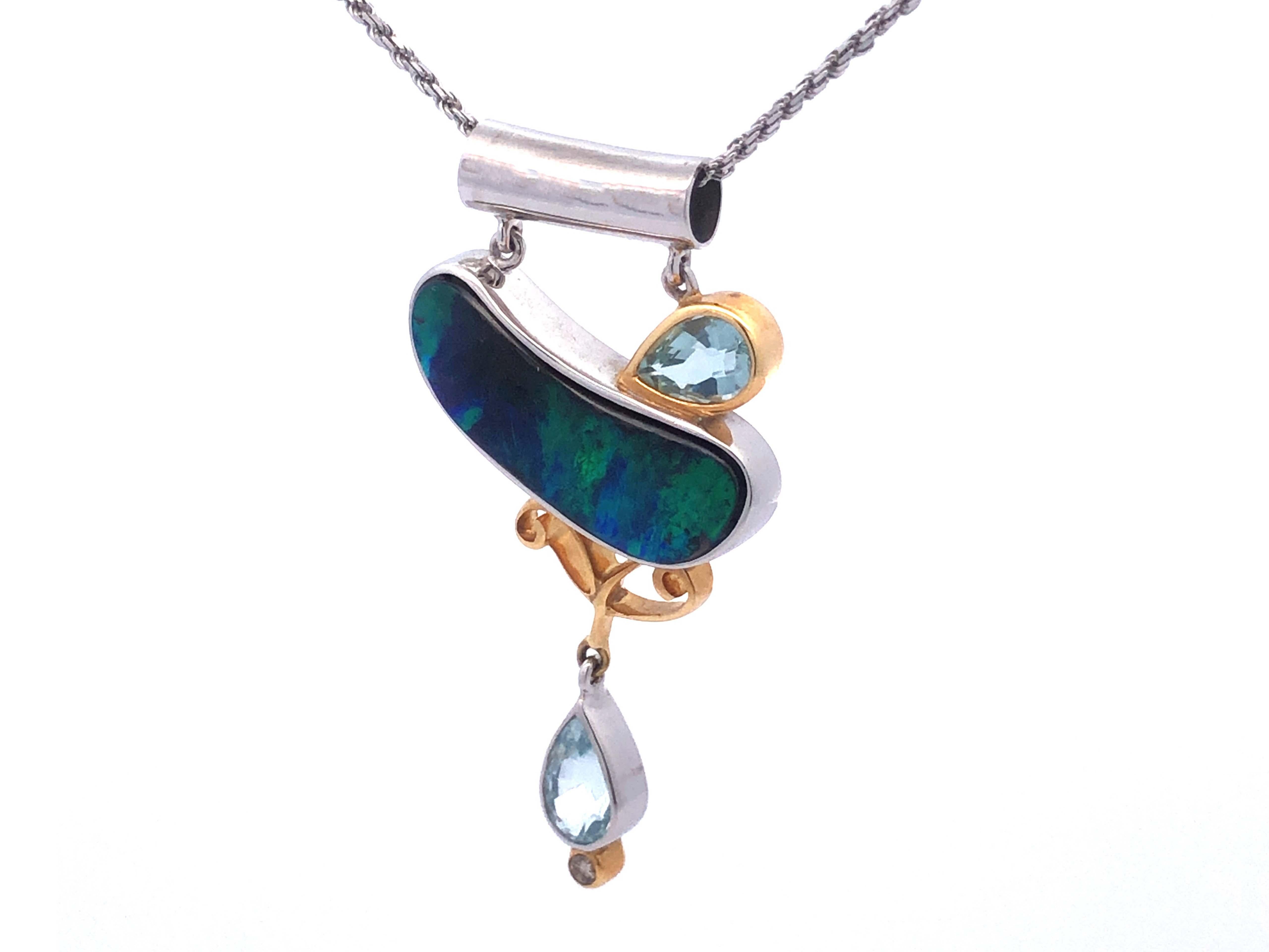 Modern Blue Green Boulder Opal, Aquamarine and Diamond Necklace in 18k White Gold For Sale