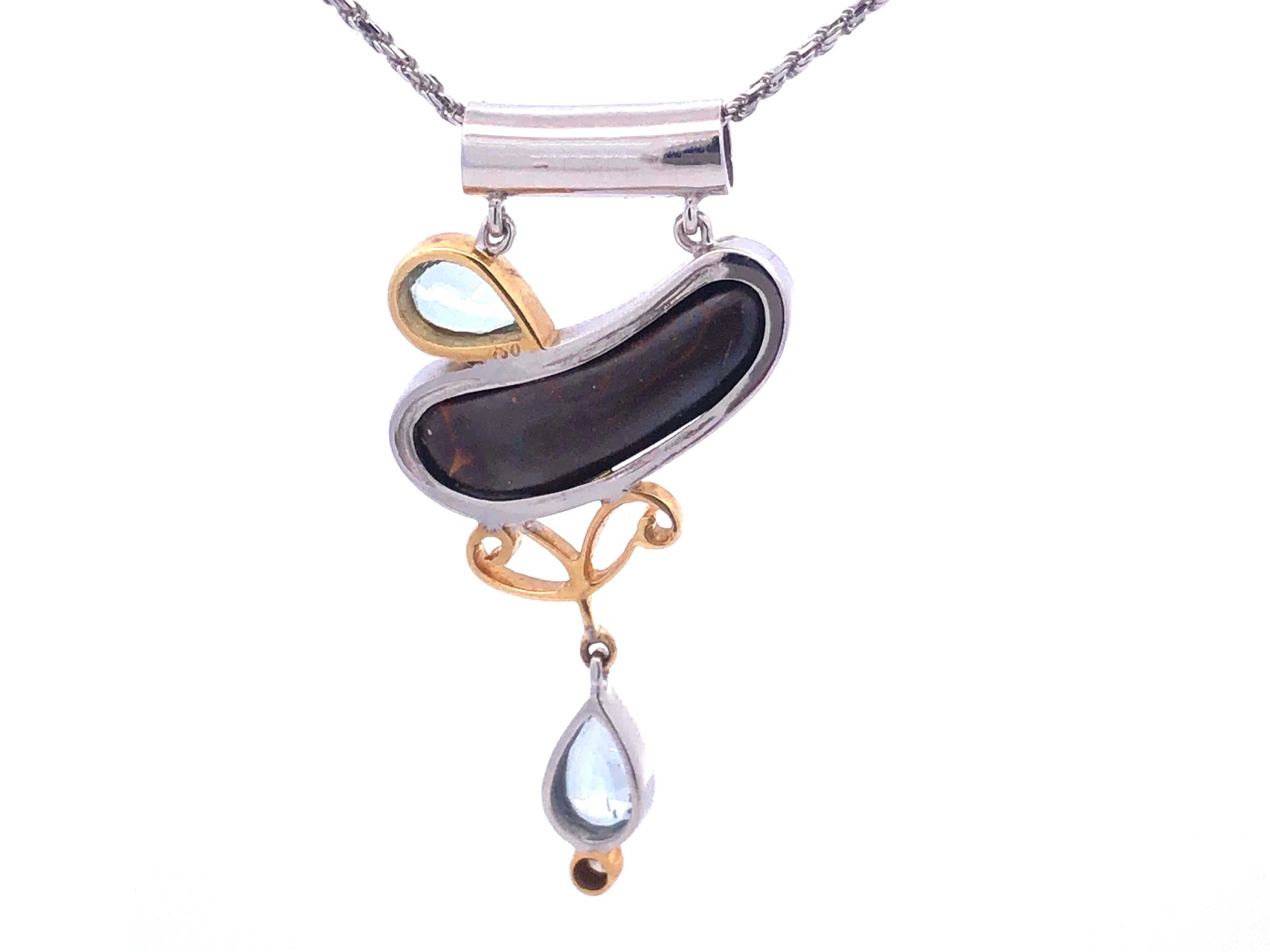 Women's or Men's Blue Green Boulder Opal, Aquamarine and Diamond Necklace in 18k White Gold For Sale