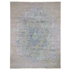 Blue/Green Broken Persian Design Wool and Silk Handmade Oriental Rug