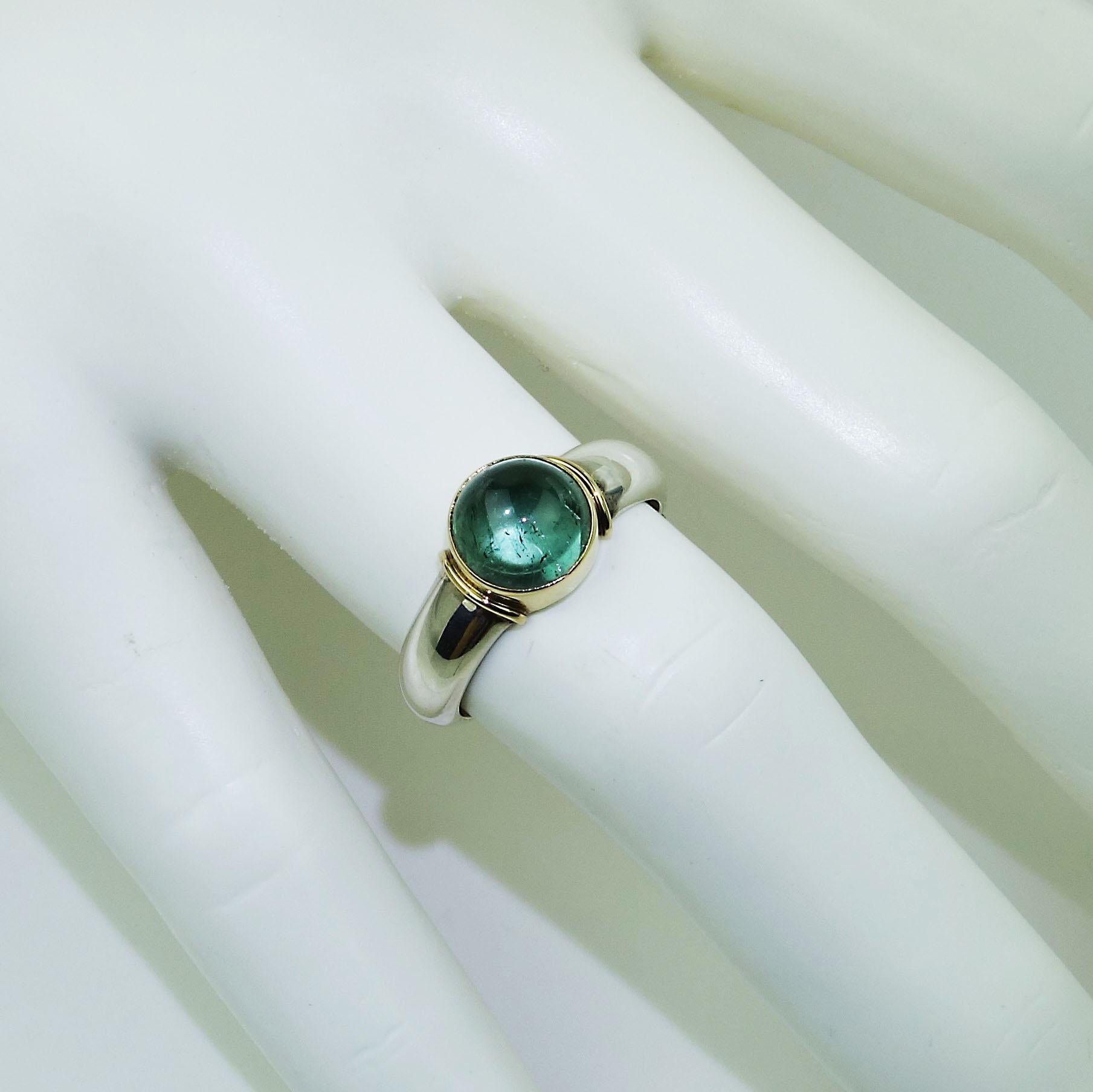 Artisan AJD Blue-Green Cabochon Tourmaline and Sterling Silver Ring with 18K Gold 