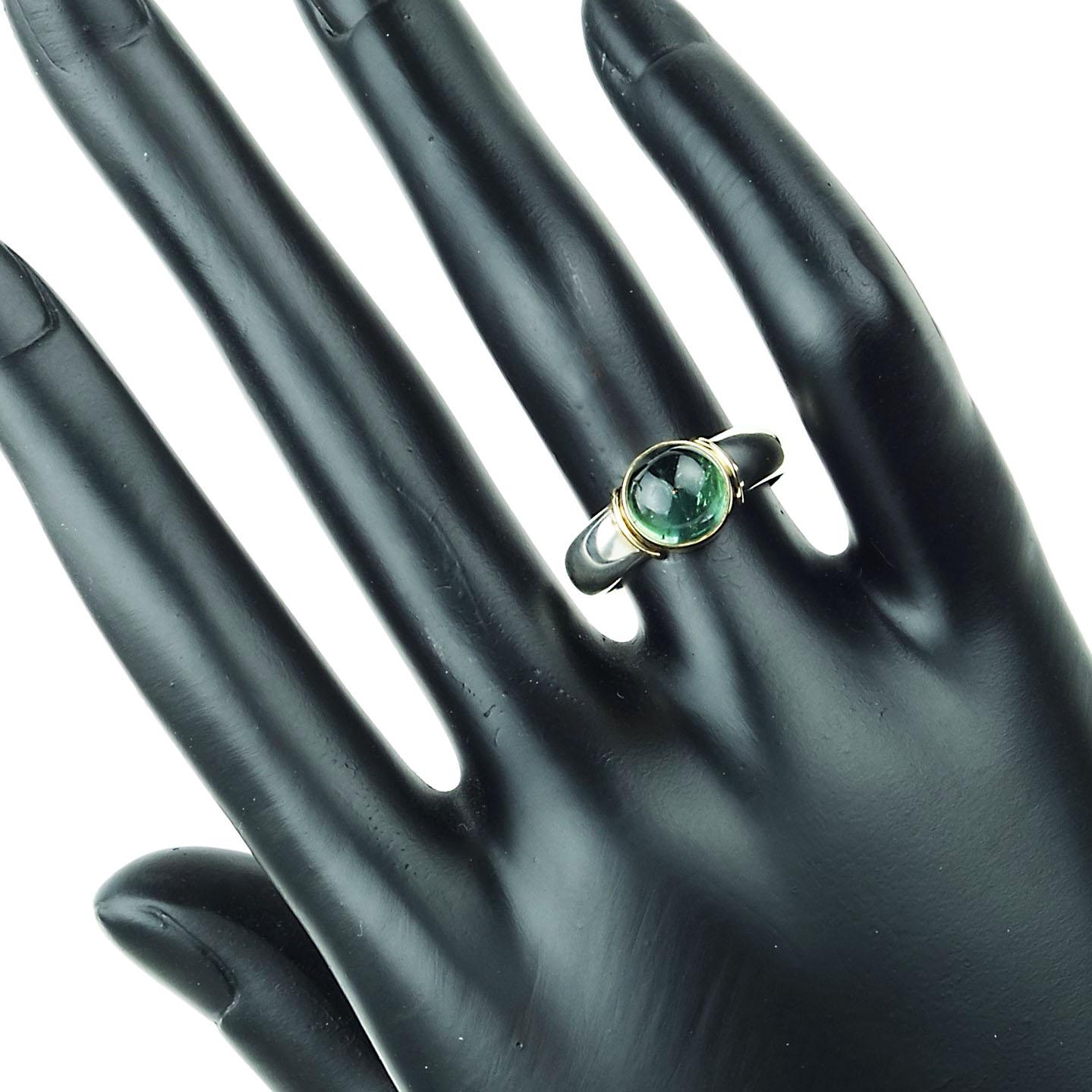 AJD Blue-Green Cabochon Tourmaline and Sterling Silver Ring with 18K Gold  In New Condition In Raleigh, NC