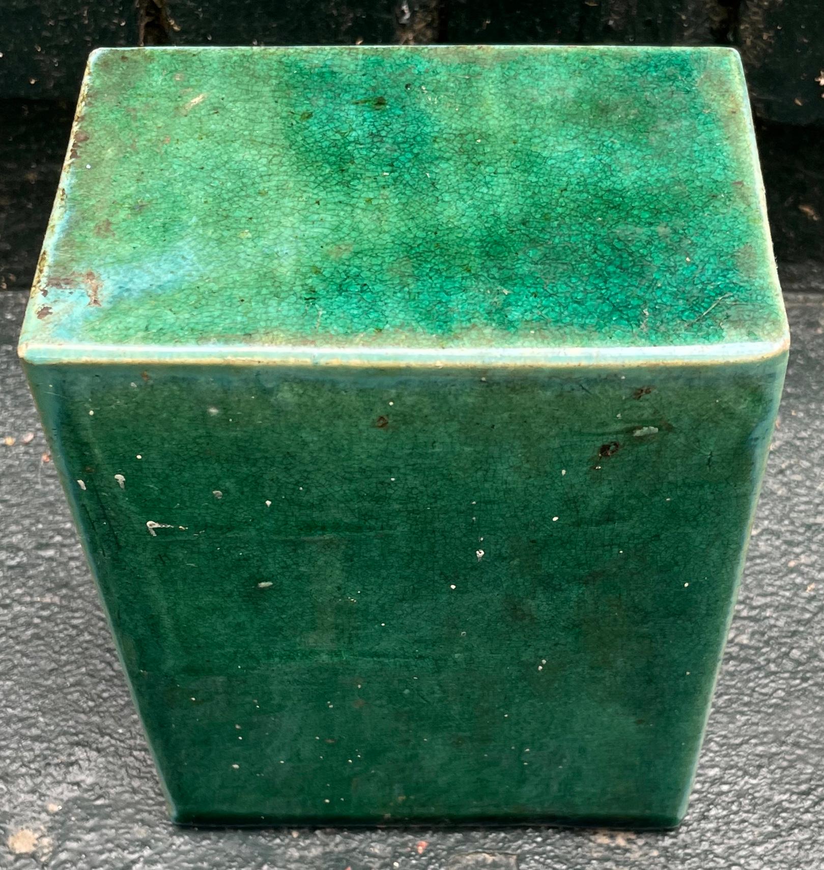 Blue green Chinese glazed ceramic block stand. Late 19th early 20th century mottled green blue glazed rectangular block. China, late 19th - early 20th century 
Dimensions: 6.75