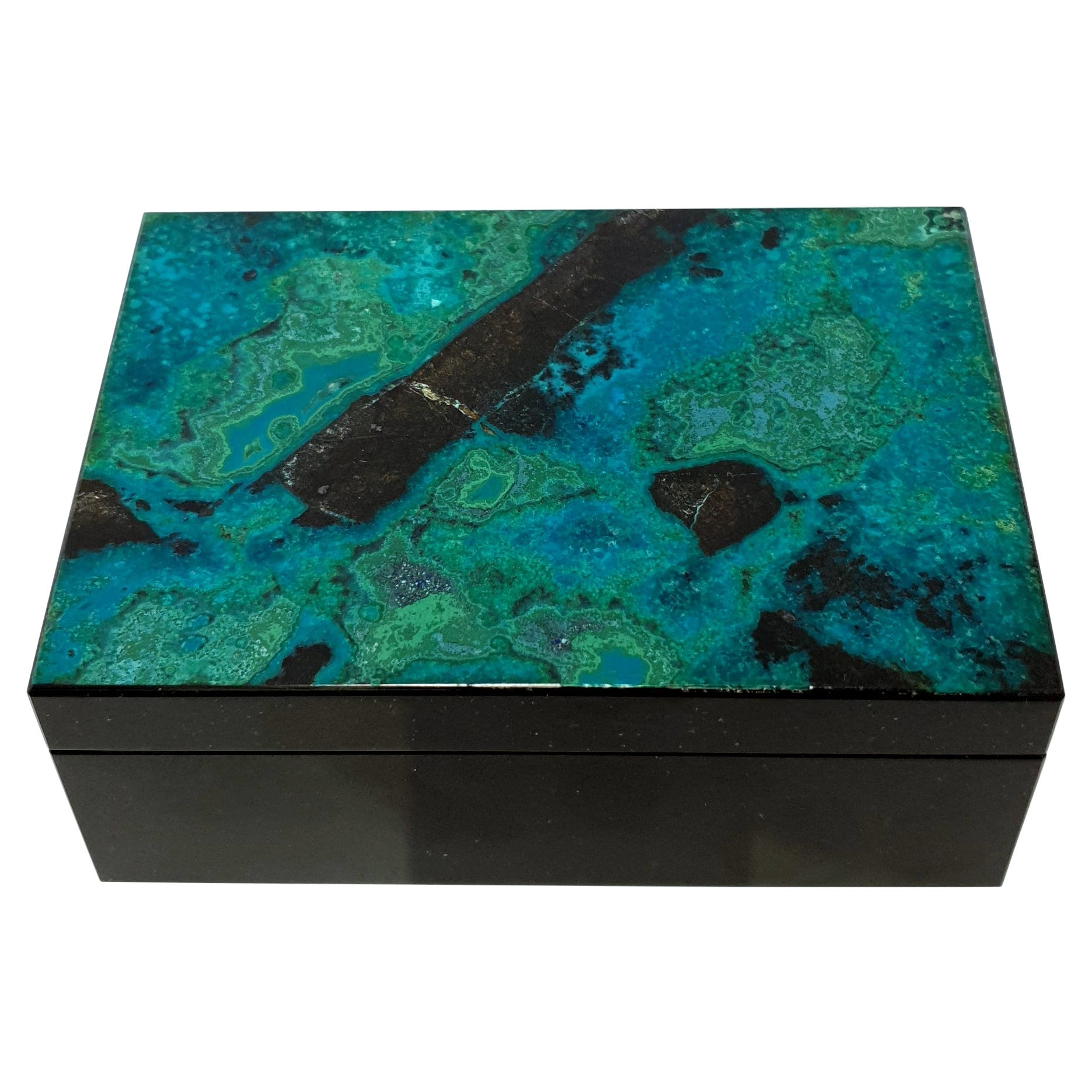 Boîte à pierres précieuses Chrysokoll et malachite bleu-vert pour décoration intérieure