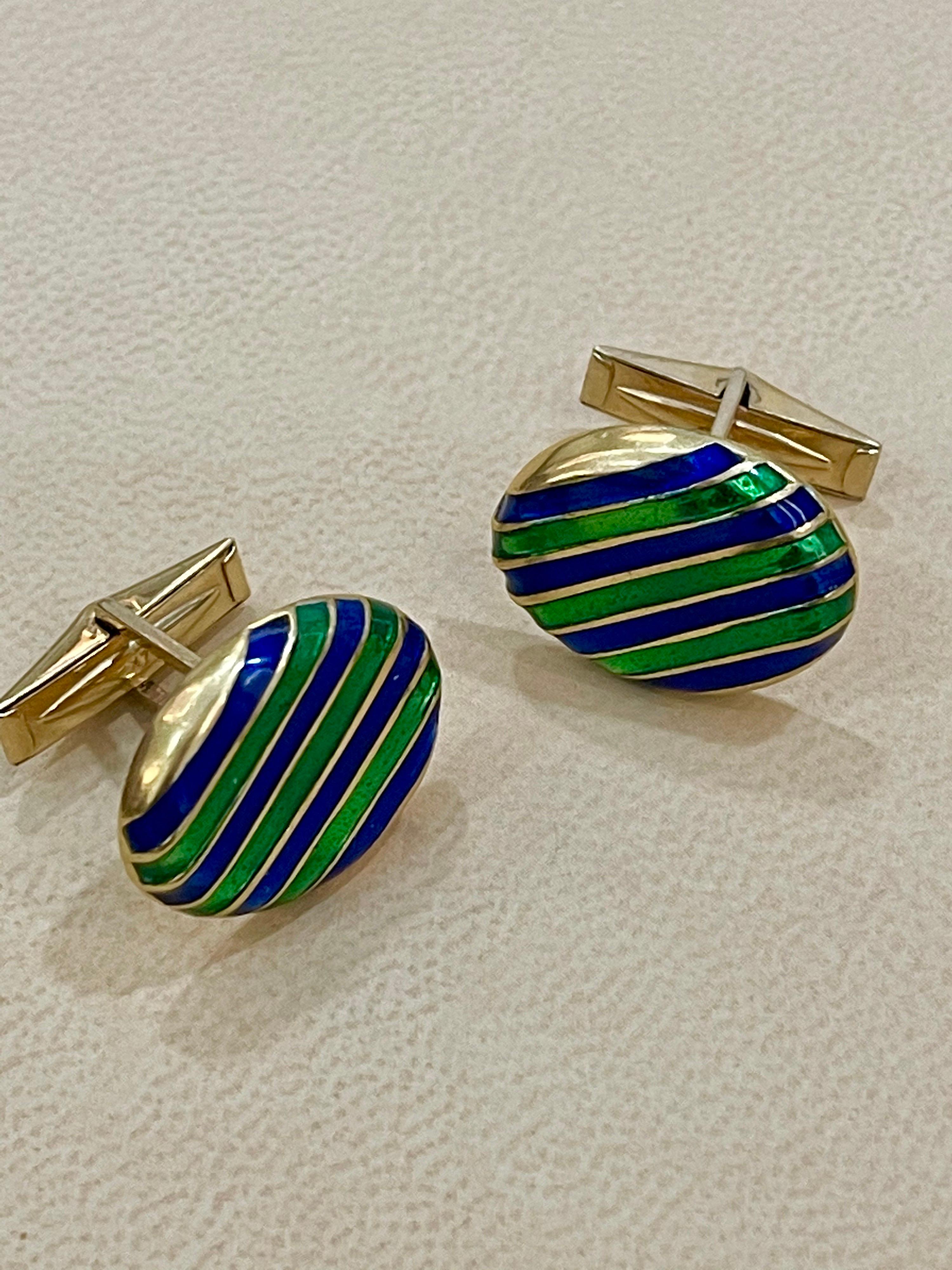 Blue Green Enamel Oval Cufflinks in 14 Karat Yellow Gold 15.5 Gm, Men's In Excellent Condition For Sale In New York, NY