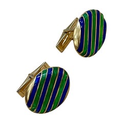 Boutons de manchette ovales en or jaune 14 carats et émail bleu et vert 15,5 g, pour hommes