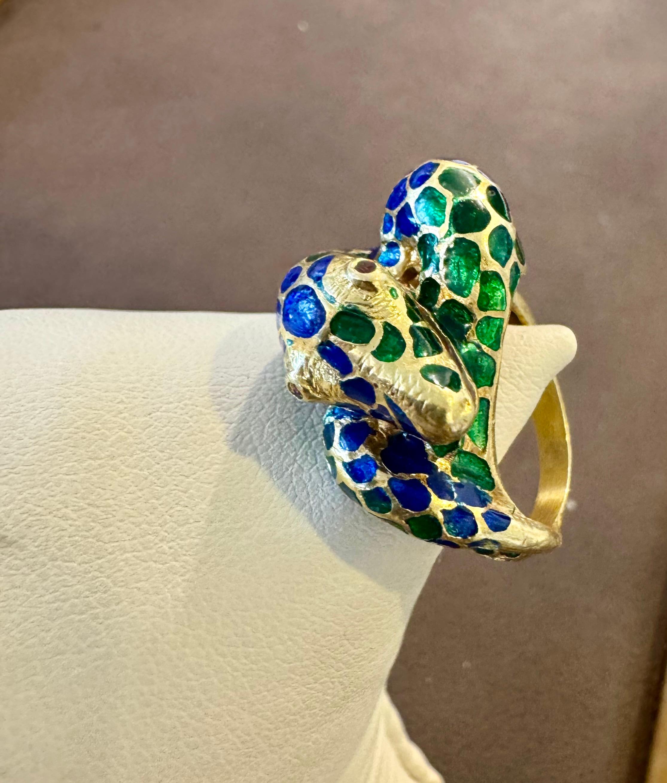Blau & Grün Emaille Schlange Tier Cocktail Ring in 18 Karat Gelbgold Größe 5 im Angebot 6