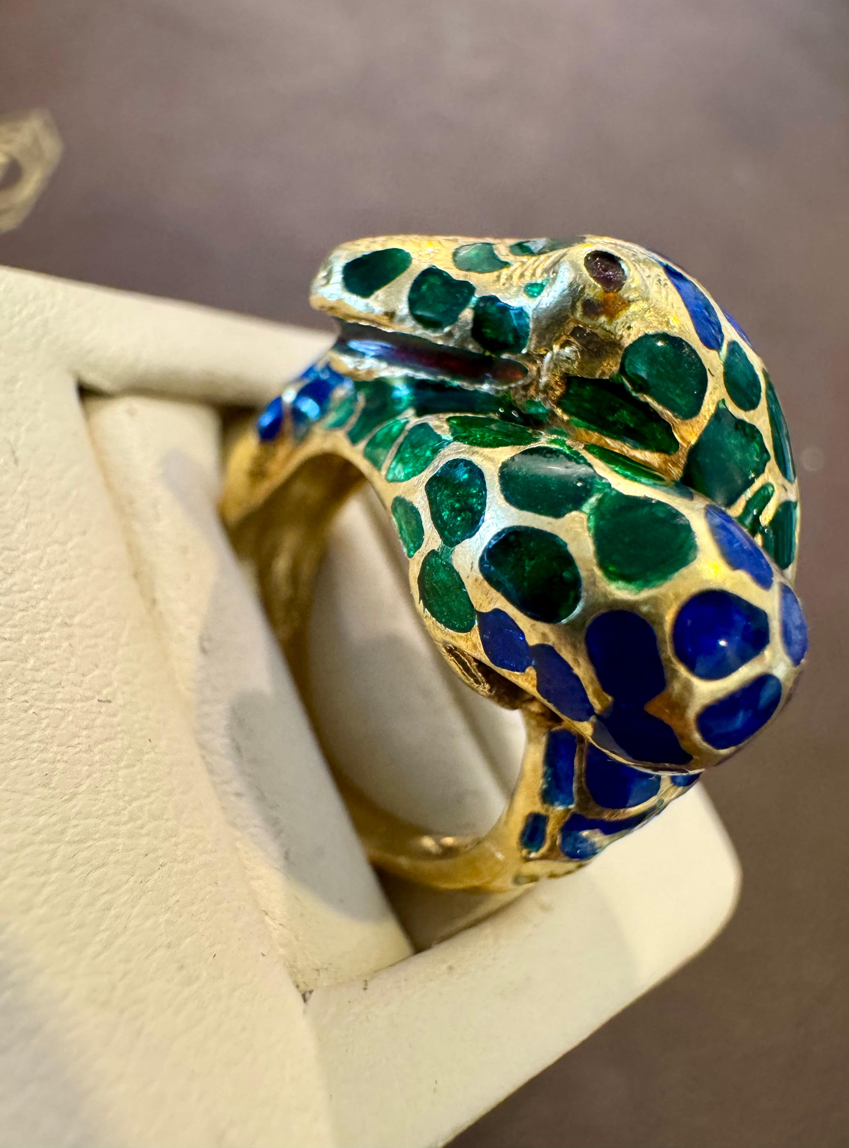 Blau & Grün Emaille Schlange Tier Cocktail Ring in 18 Karat Gelbgold Größe 5 im Angebot 7