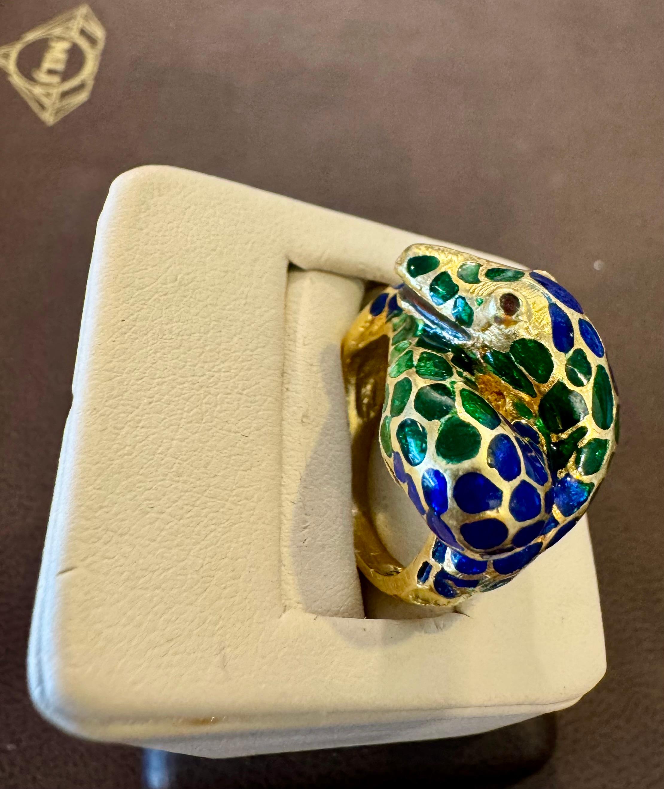 Blau & Grün Emaille Schlange Tier Cocktail Ring in 18 Karat Gelbgold Größe 5 im Angebot 8