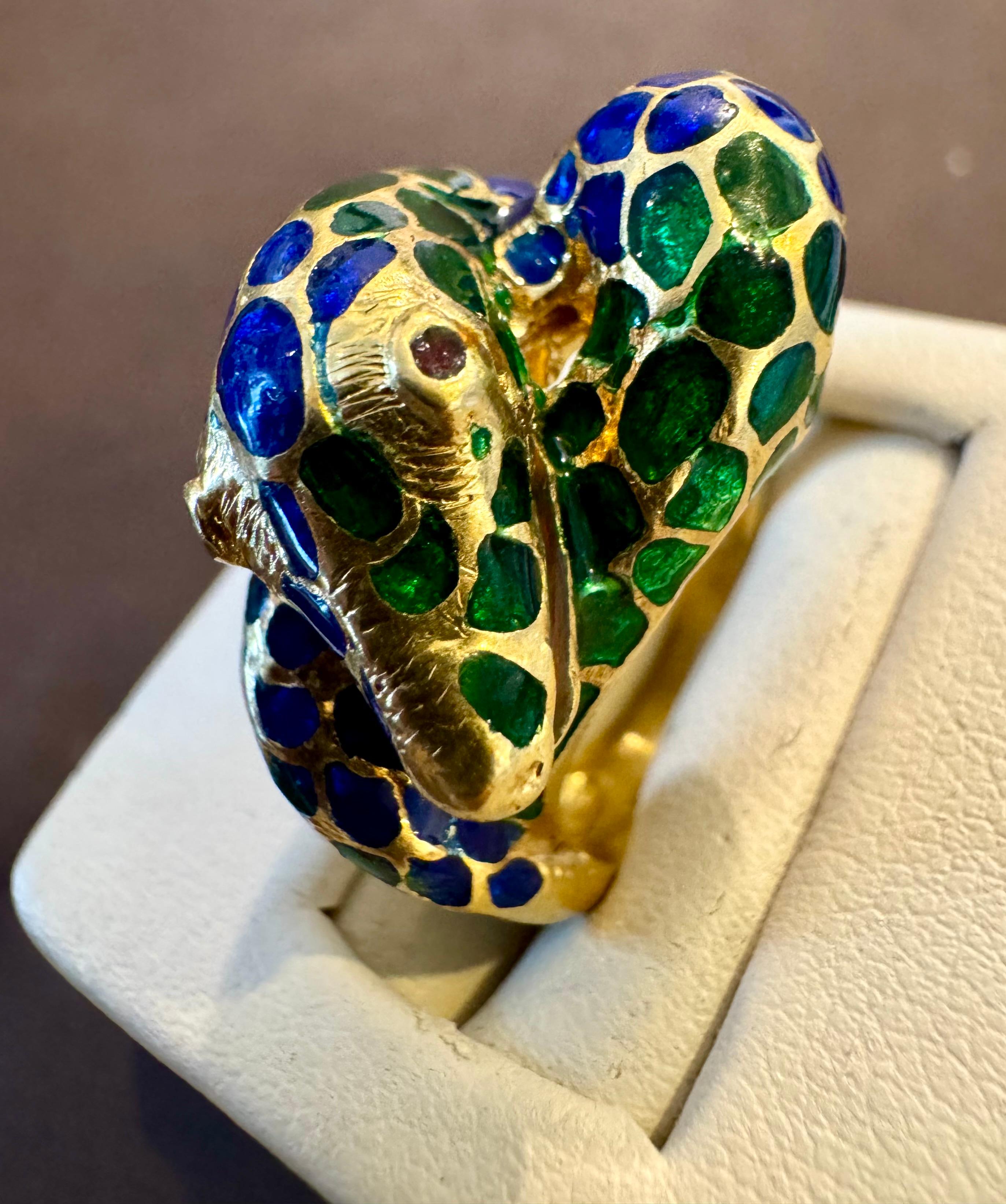 Blau & Grün Emaille Schlange Tier Cocktail Ring in 18 Karat Gelbgold Größe 5 im Angebot 9