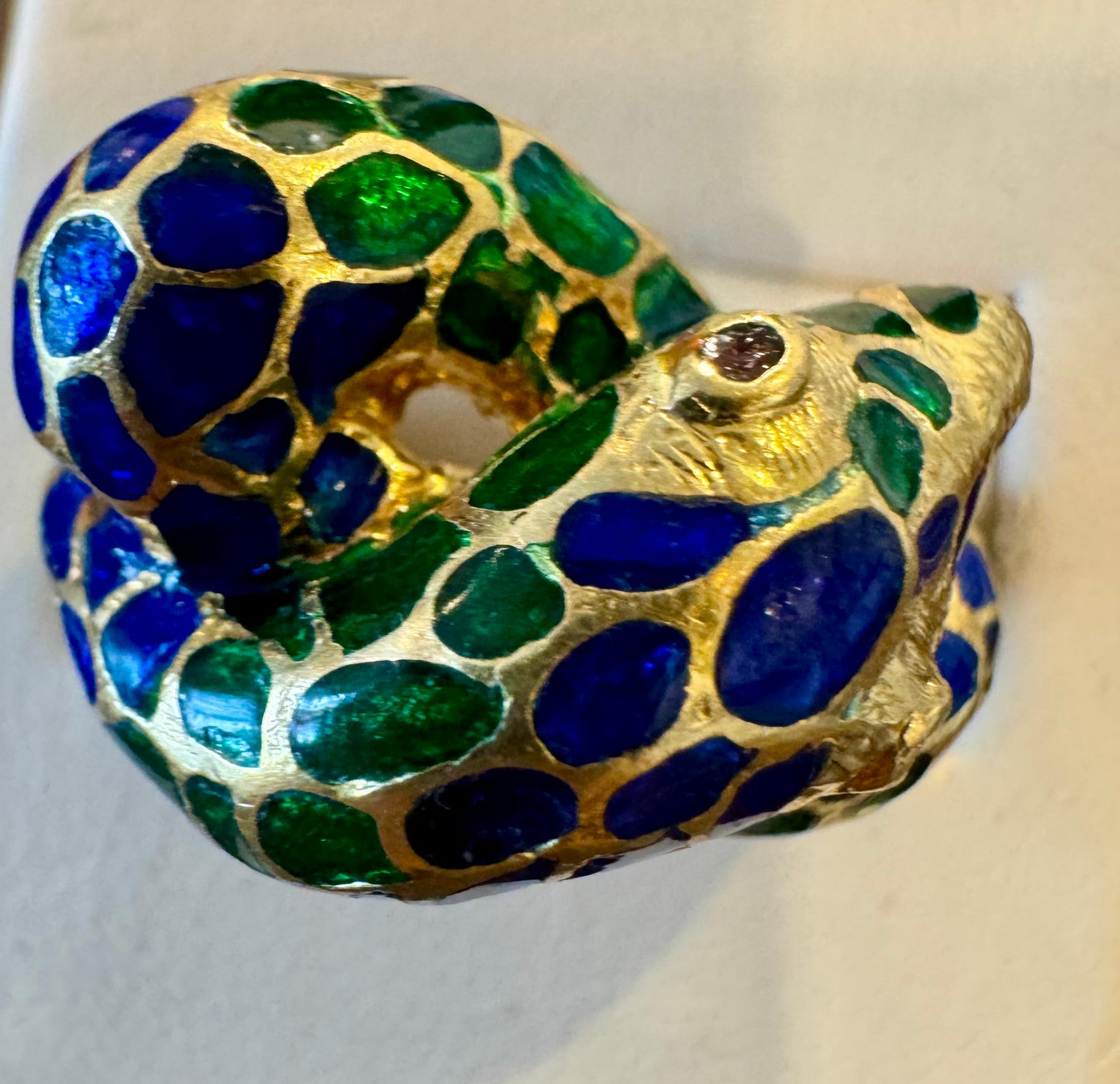 Blau & Grün Emaille Schlange Tier Cocktail Ring in 18 Karat Gelbgold Größe 5 im Angebot 10