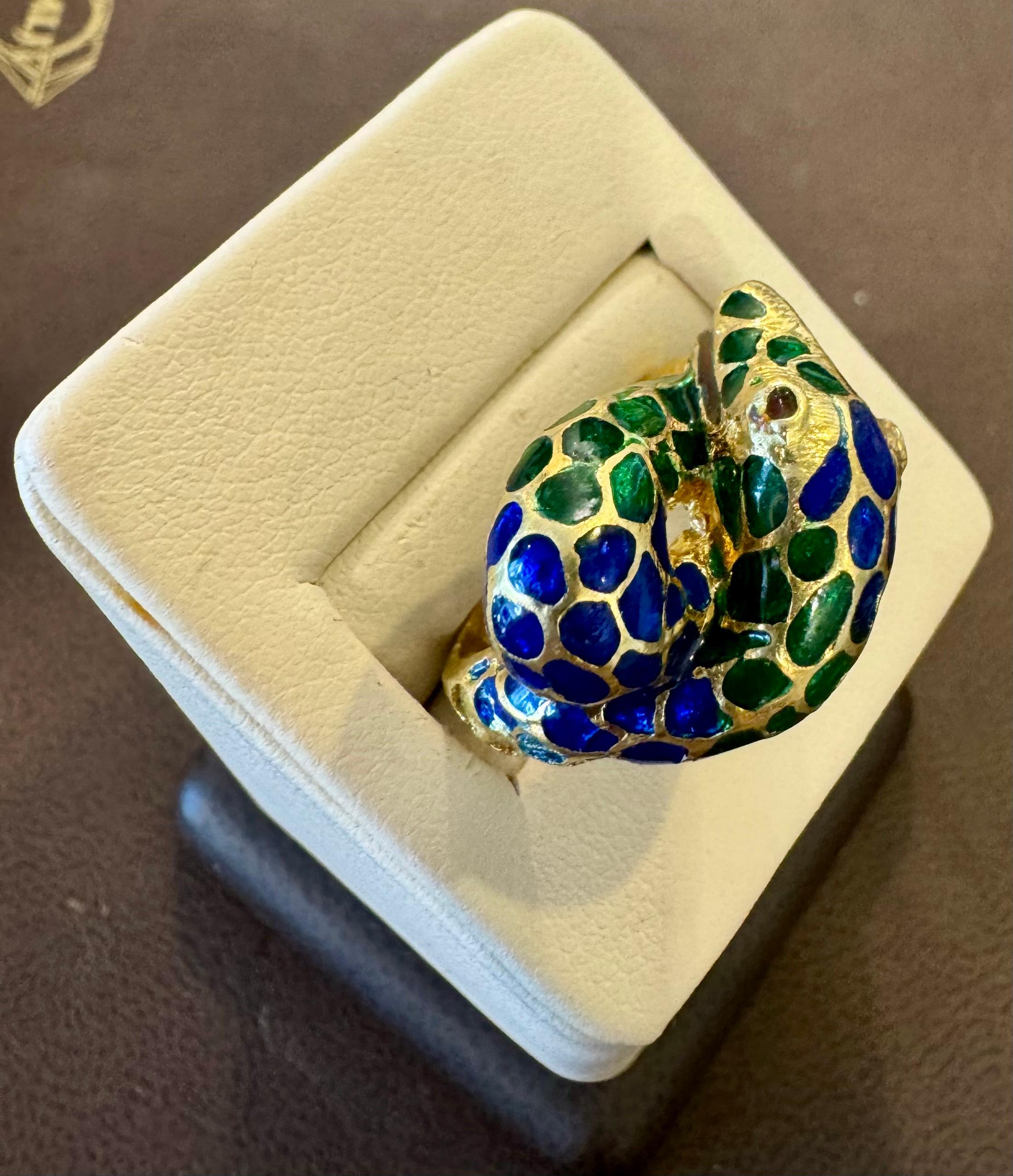 Blau & Grün Emaille Schlange Tier Cocktail Ring in 18 Karat Gelbgold Größe 5 im Angebot 11