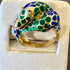 Blue & Green Enamel Snake Animal Cocktail Ring in 18 Karat Yellow Gold Size 5