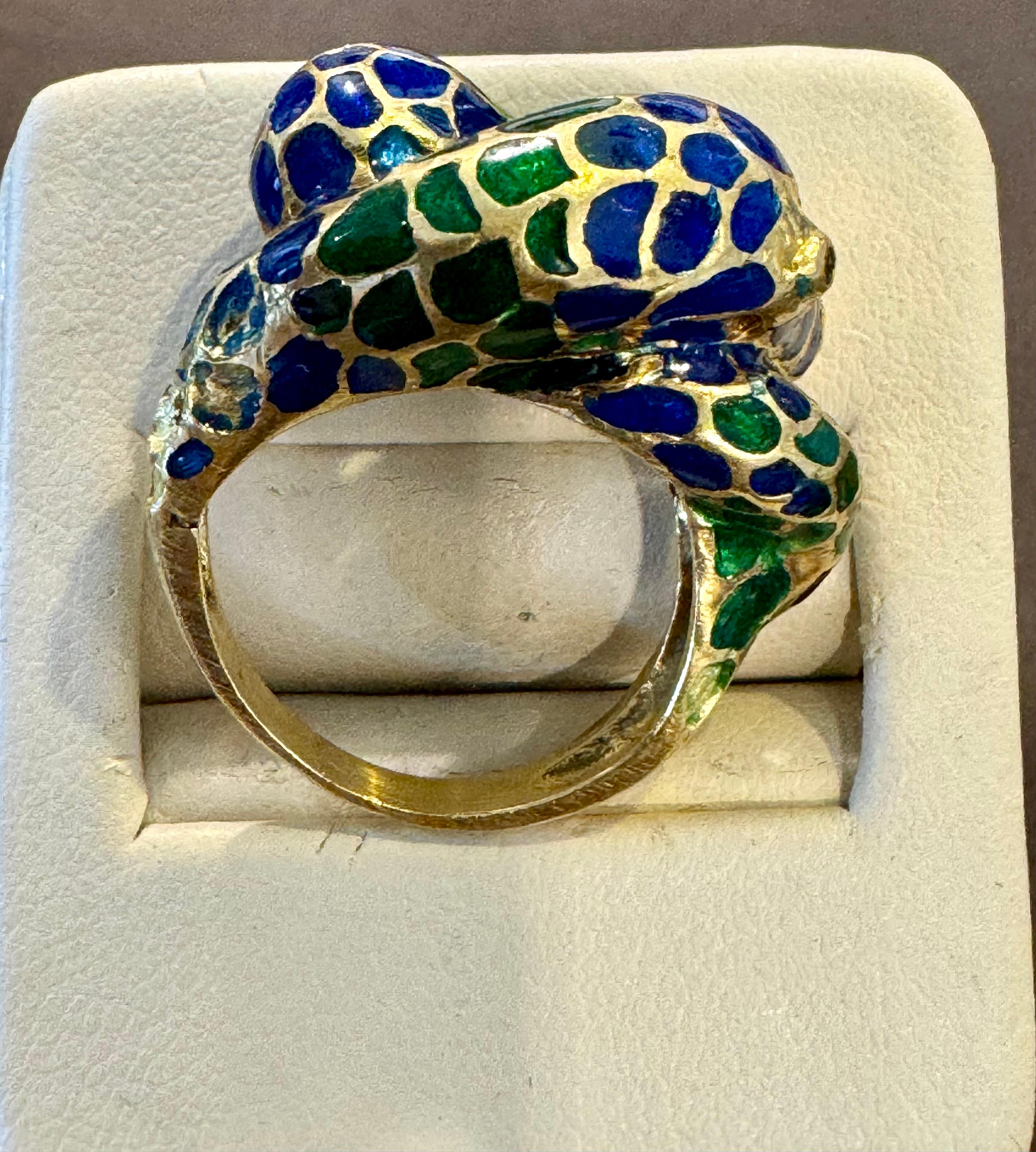 Blau & Grün Emaille Schlange Tier Cocktail Ring in 18 Karat Gelbgold Größe 5 im Zustand „Hervorragend“ im Angebot in New York, NY