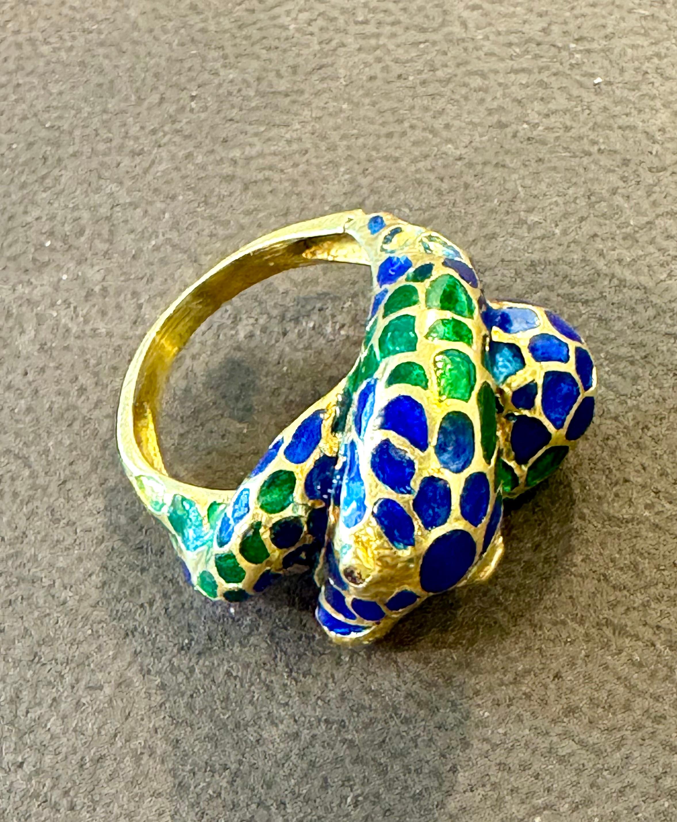 Blau & Grün Emaille Schlange Tier Cocktail Ring in 18 Karat Gelbgold Größe 5 Damen im Angebot