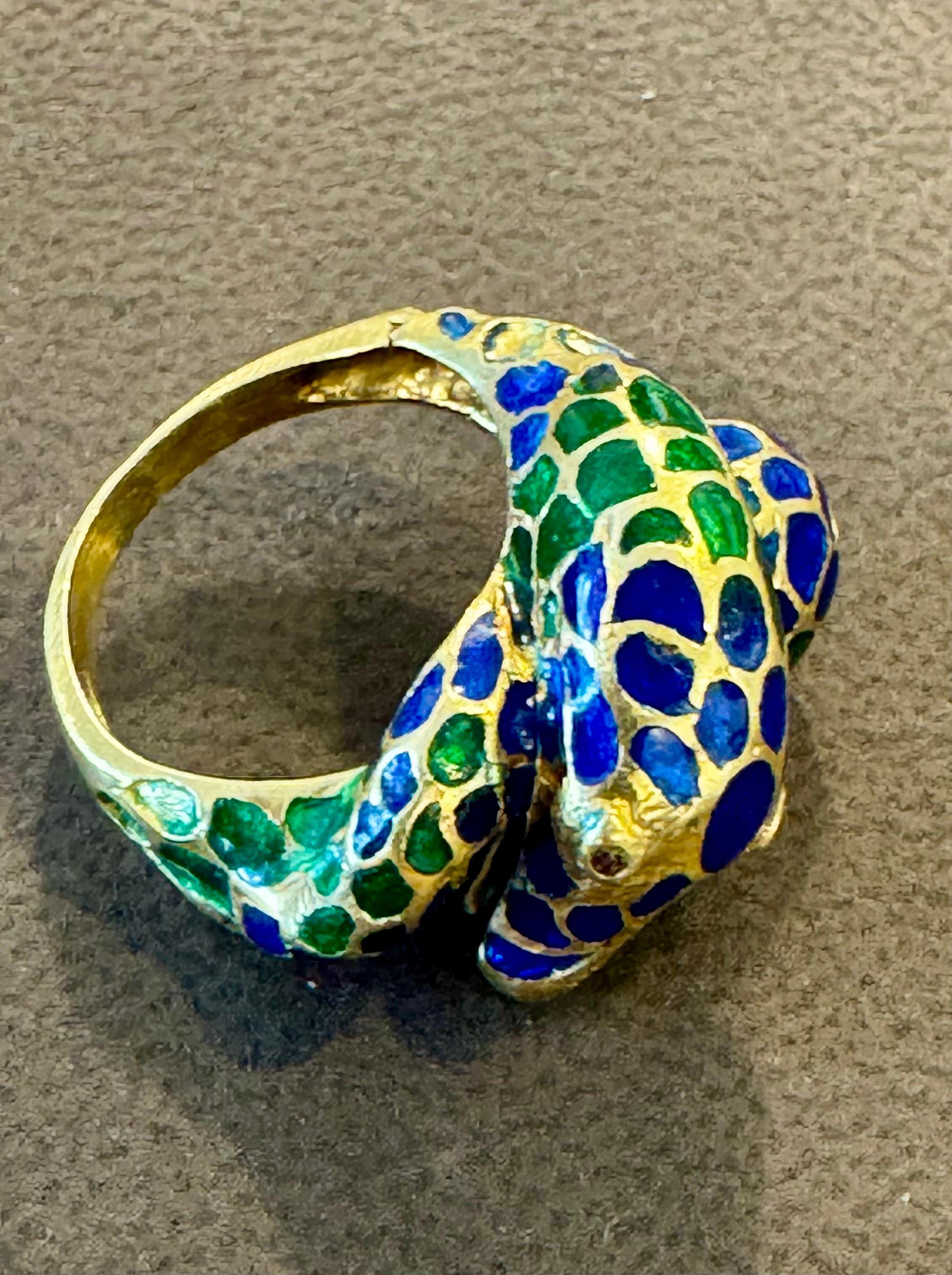 Blau & Grün Emaille Schlange Tier Cocktail Ring in 18 Karat Gelbgold Größe 5 im Angebot 1