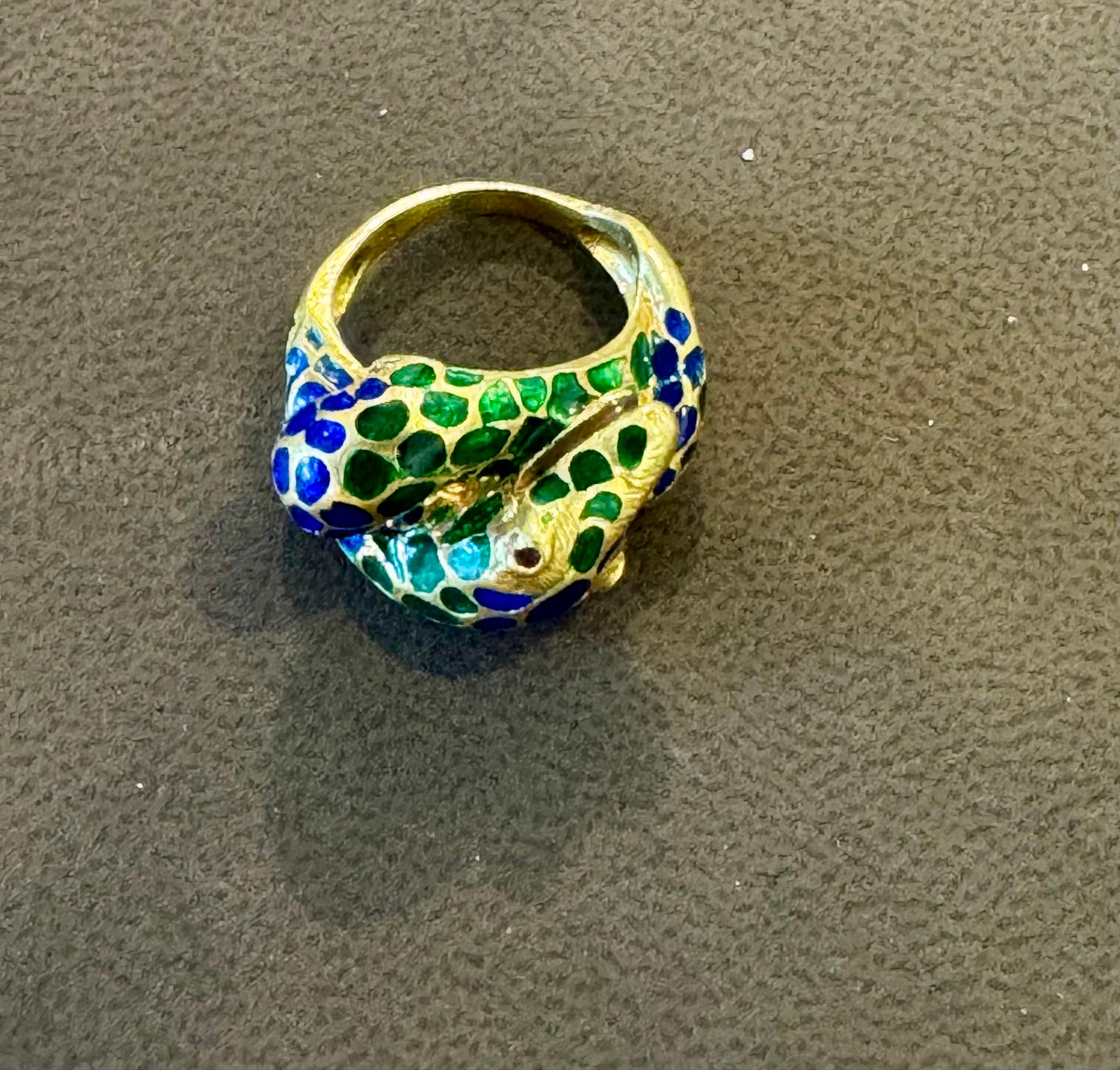 Blau & Grün Emaille Schlange Tier Cocktail Ring in 18 Karat Gelbgold Größe 5 im Angebot 2