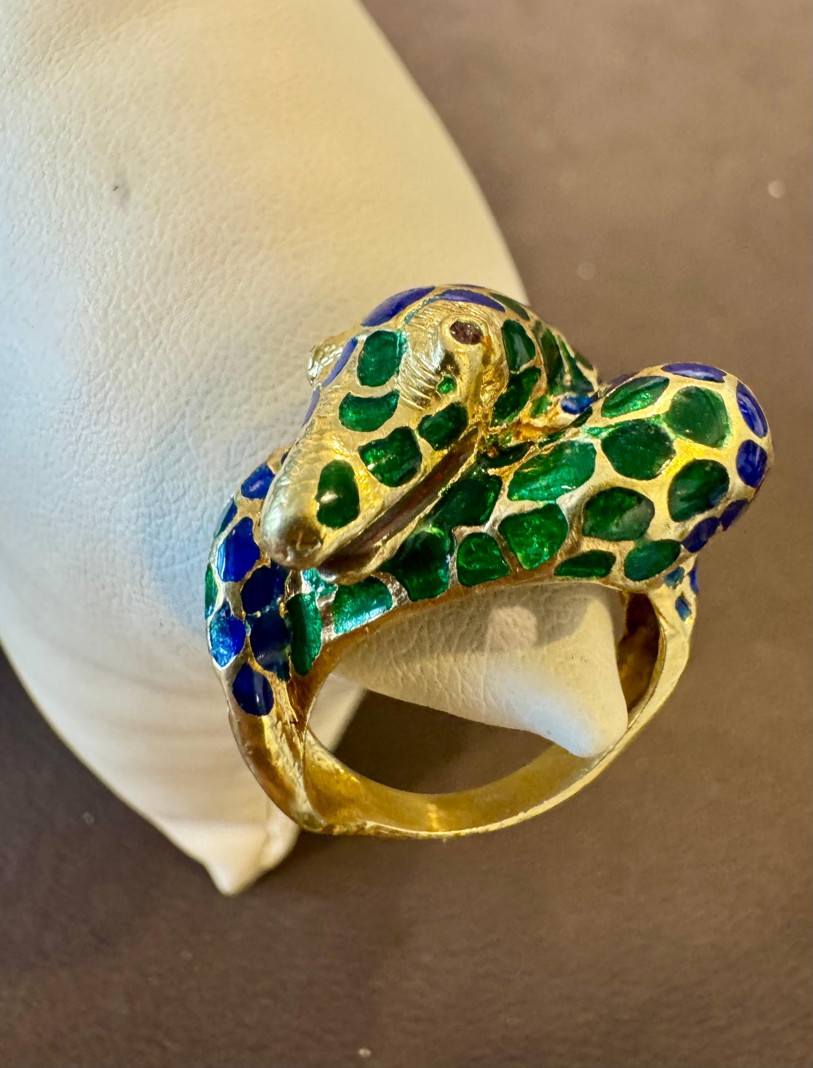 Blau & Grün Emaille Schlange Tier Cocktail Ring in 18 Karat Gelbgold Größe 5 im Angebot 4