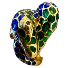 Blau & Grün Emaille Schlange Tier Cocktail Ring in 18 Karat Gelbgold Größe 5