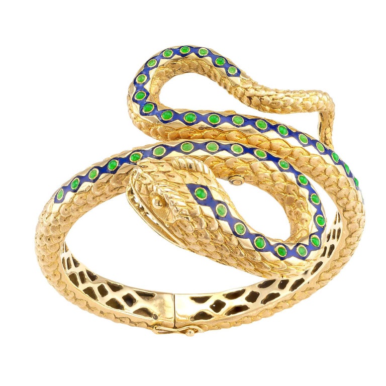 Blue Green Enamel Yellow Gold Snake Bangle For Sale at 1stDibs
