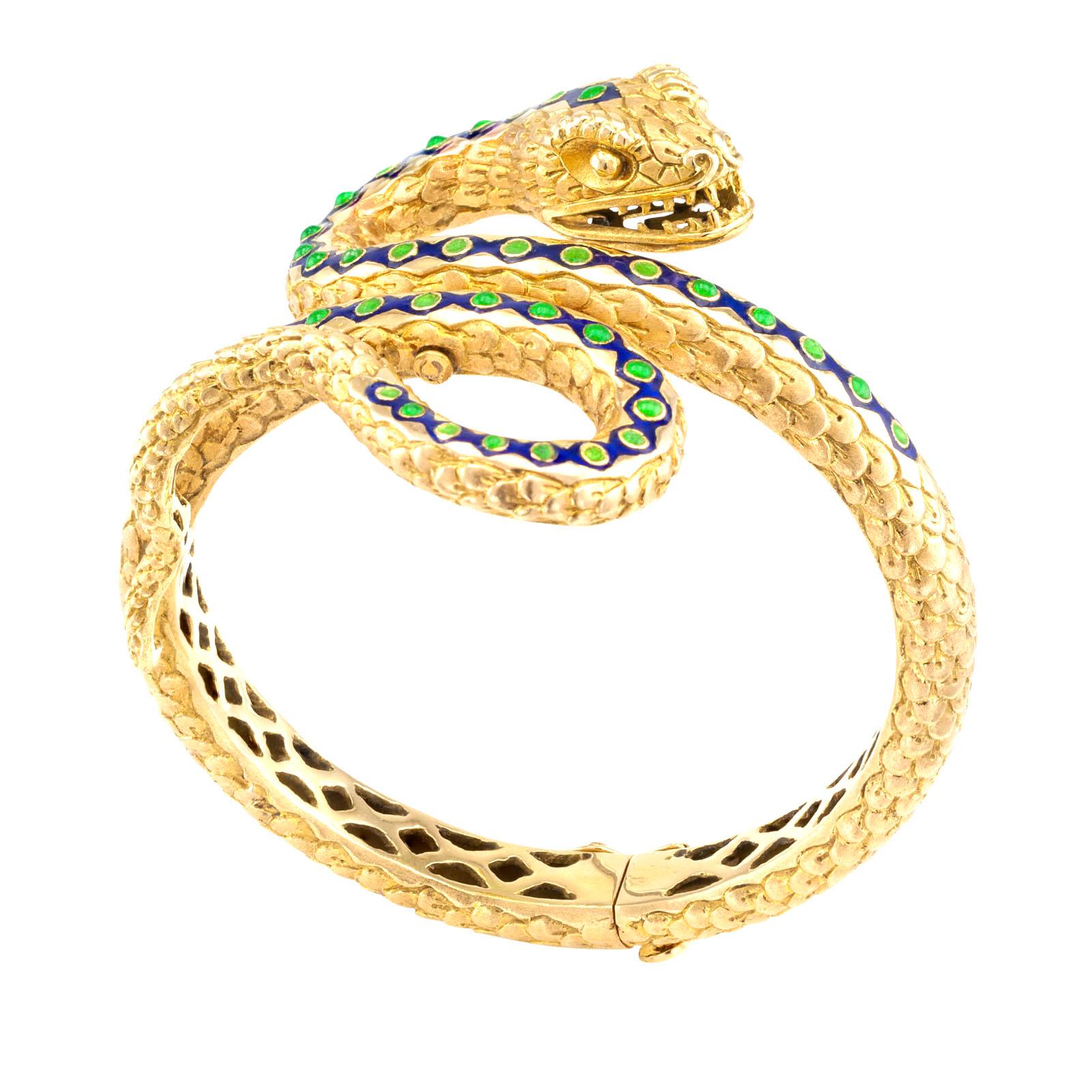 Blue Green Enamel Yellow Gold Snake Bangle In Good Condition In Los Angeles, CA