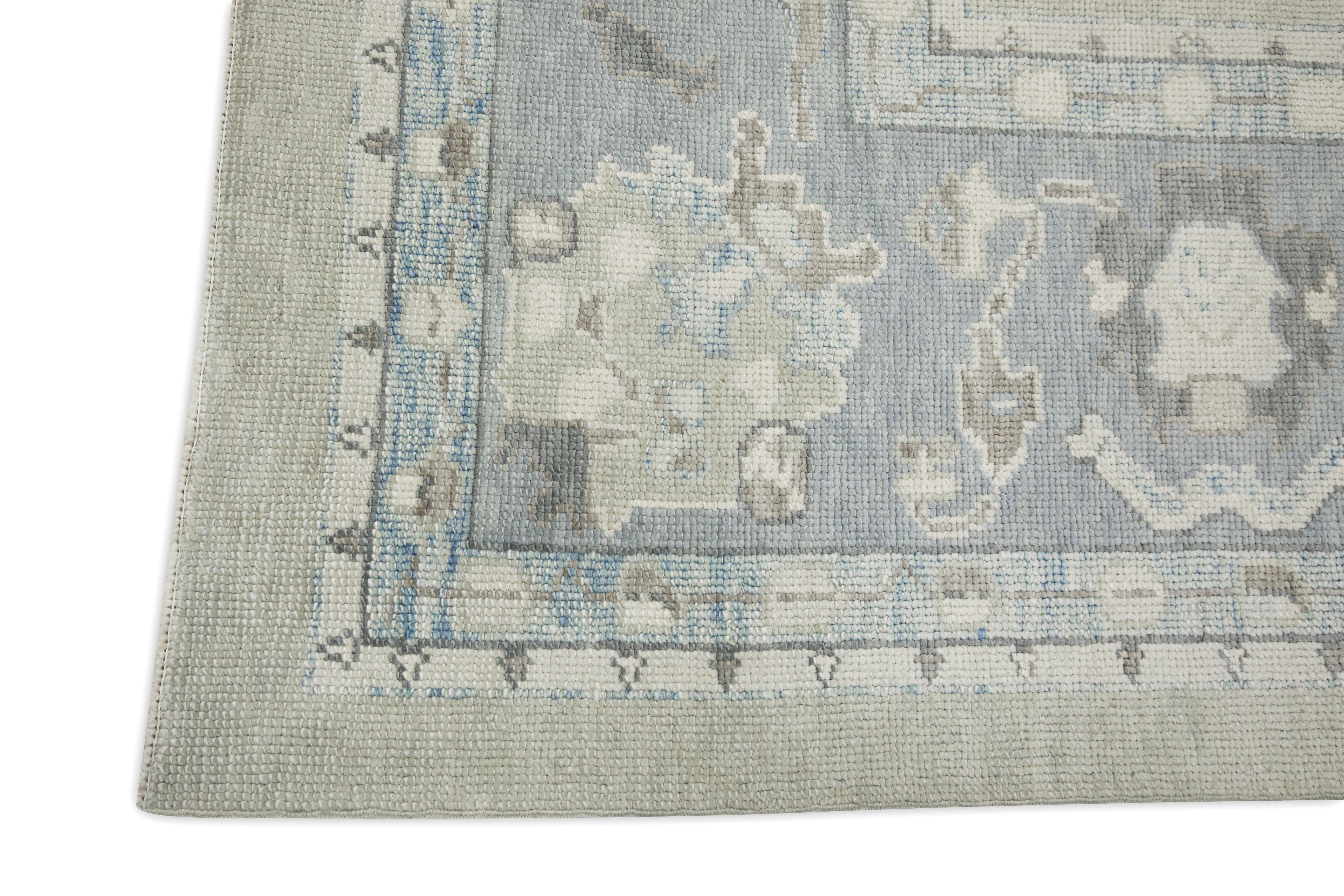 Vegetable Dyed Blue & Green Floral Design Handwoven Wool Turkish Oushak Rug 10' X 13'11